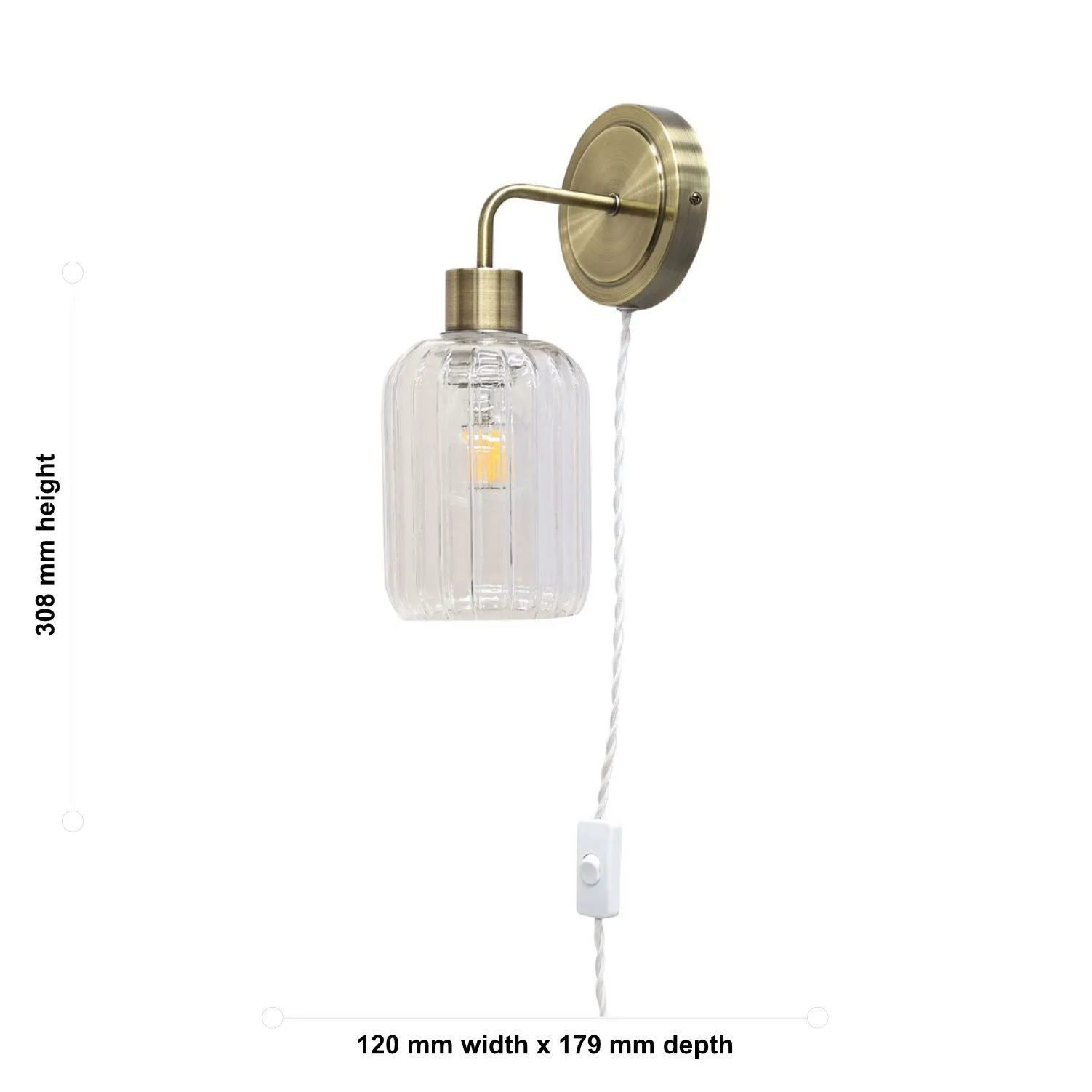 First Choice Lighting Set of 2 Toby - Antique Brass Plug in Wall Lights Ribbed Glass Shades in Gold 6