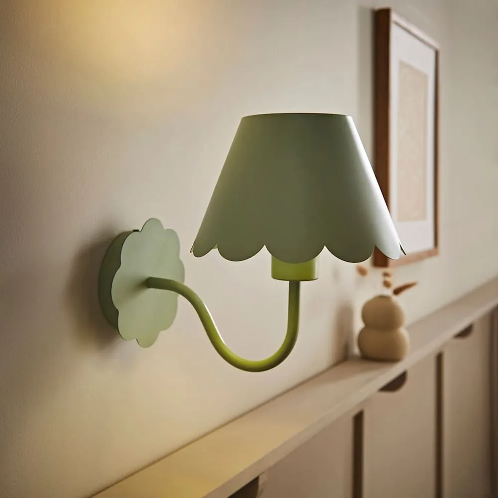 ValueLights Hattie Pair of Rechargeable Metal Scalloped Edge Wall Lights in Pale Green 2