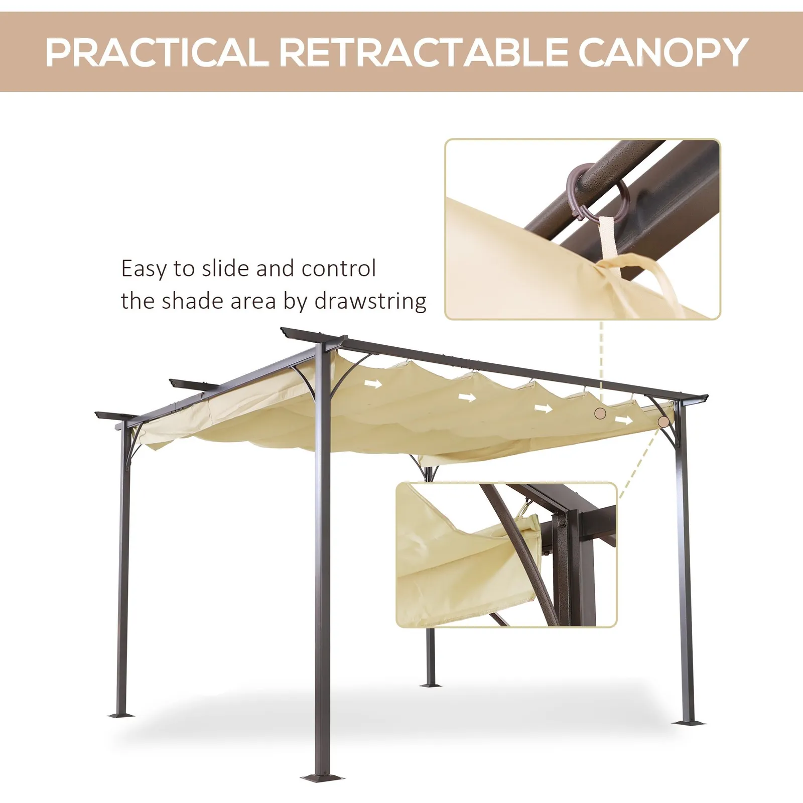 OUTSUNNY 3.5 x 3.5M Steel Pergola Gazebo Backyard Porch Awning Retractable Canopy in Beige 5