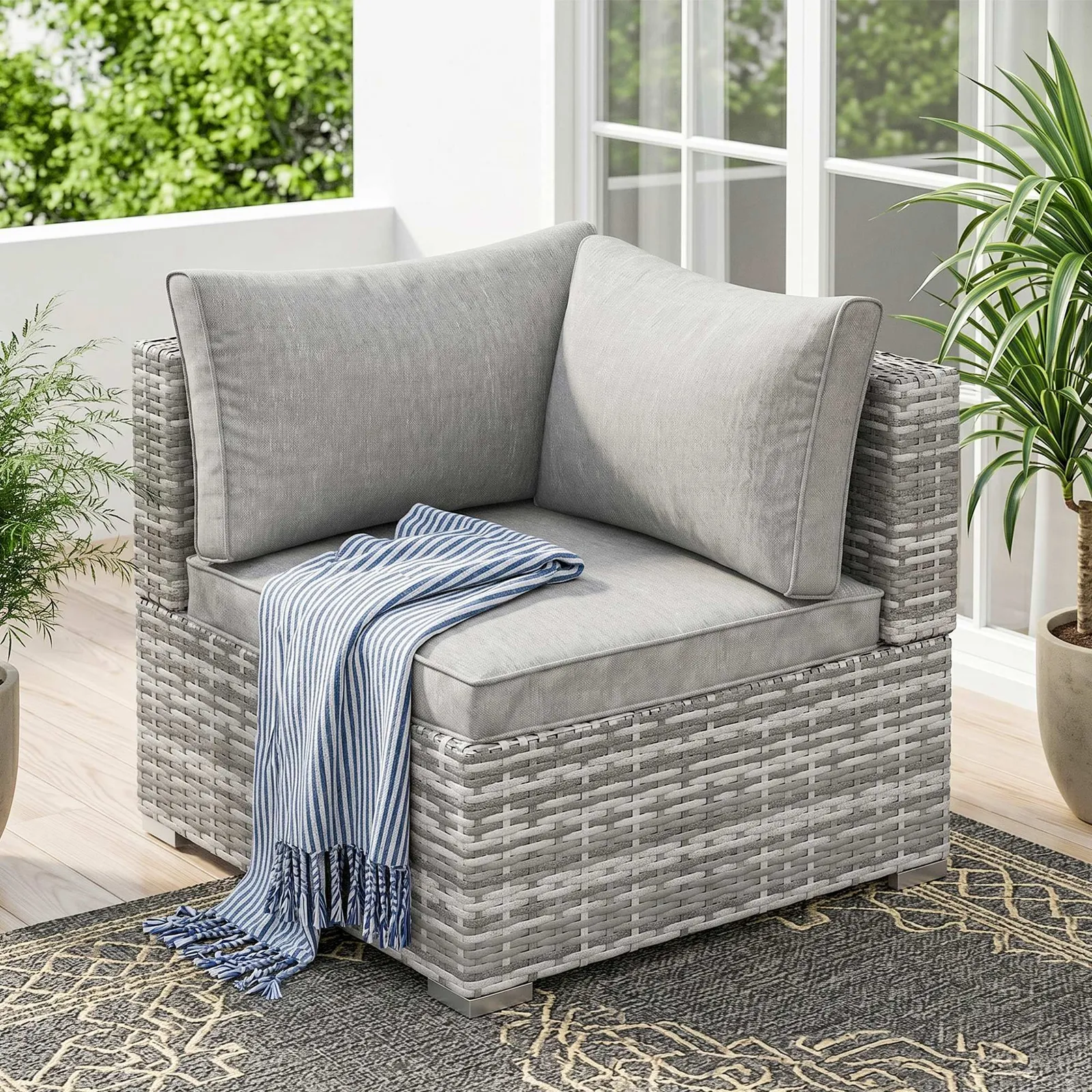 OUTSUNNY Outdoor Garden Furniture Rattan Single Middle Sofa w/ Cushions in Grey