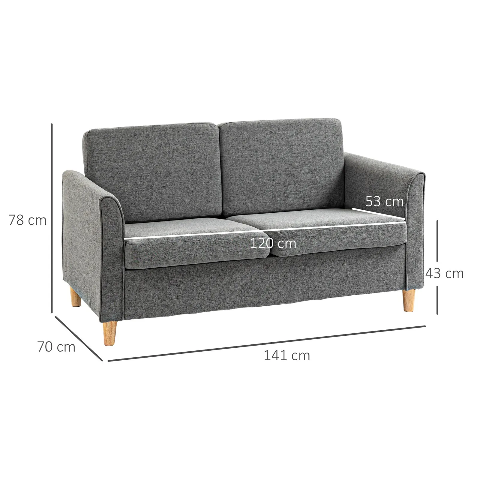 HOMCOM Double Seat Sofa Linen Upholstery Loveseat Couch w/ Armrests in Grey 3