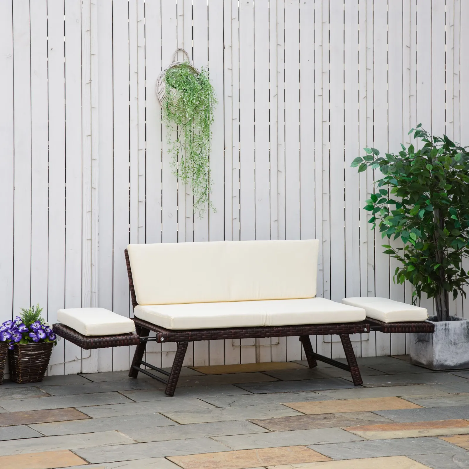 OUTSUNNY 2 in 1Rattan Folding Chaise Lounger w/ Cushion for Garden in Brown