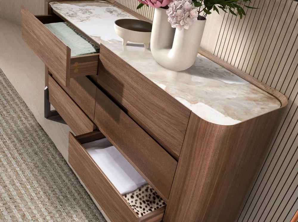 Angel Cerda Walnut Veneer 6-Drawer Chest with Porcelain Marble in Brown 5