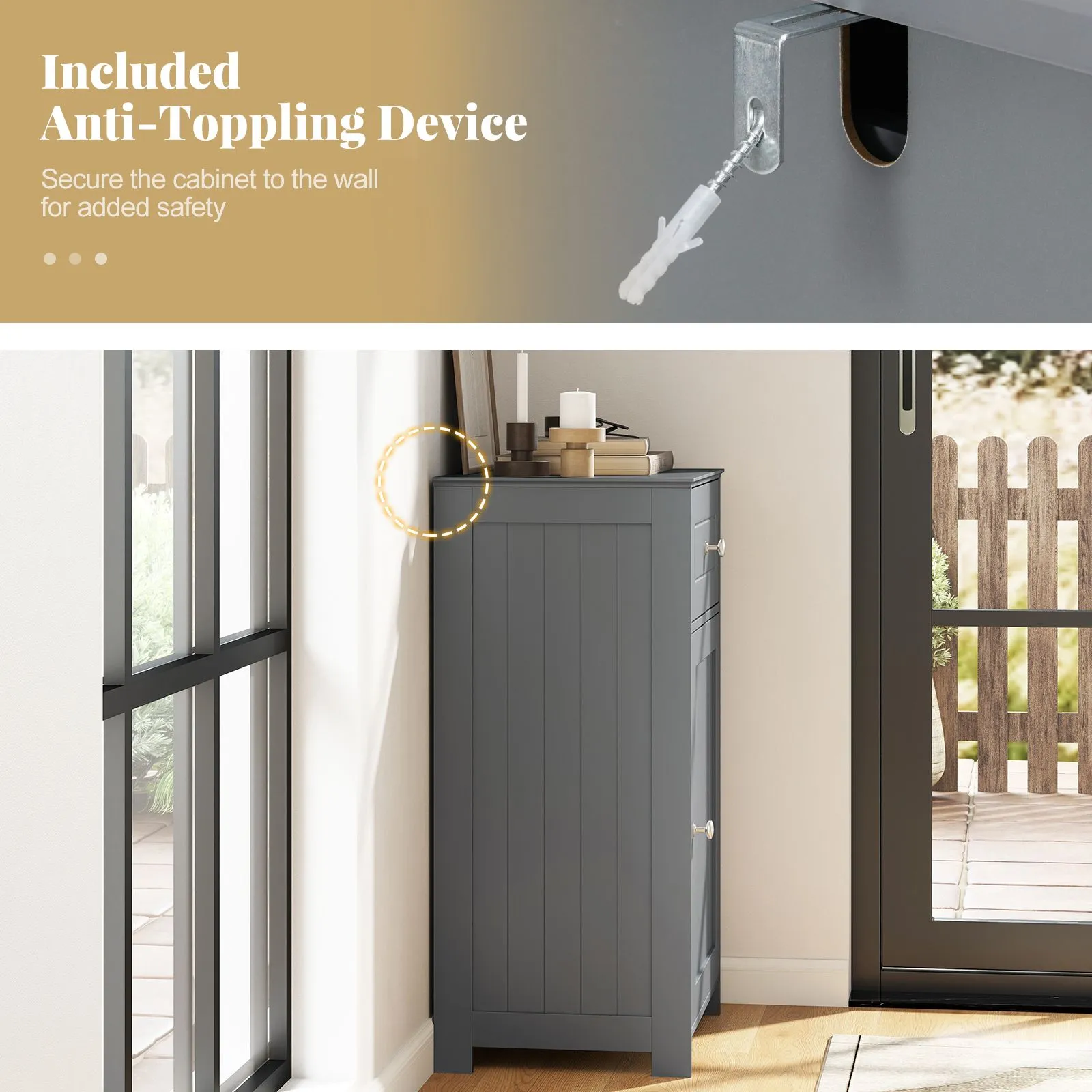 Costway Single Door Bathroom Cabinet Stable & Safe Bathroom Organizer in Grey 2
