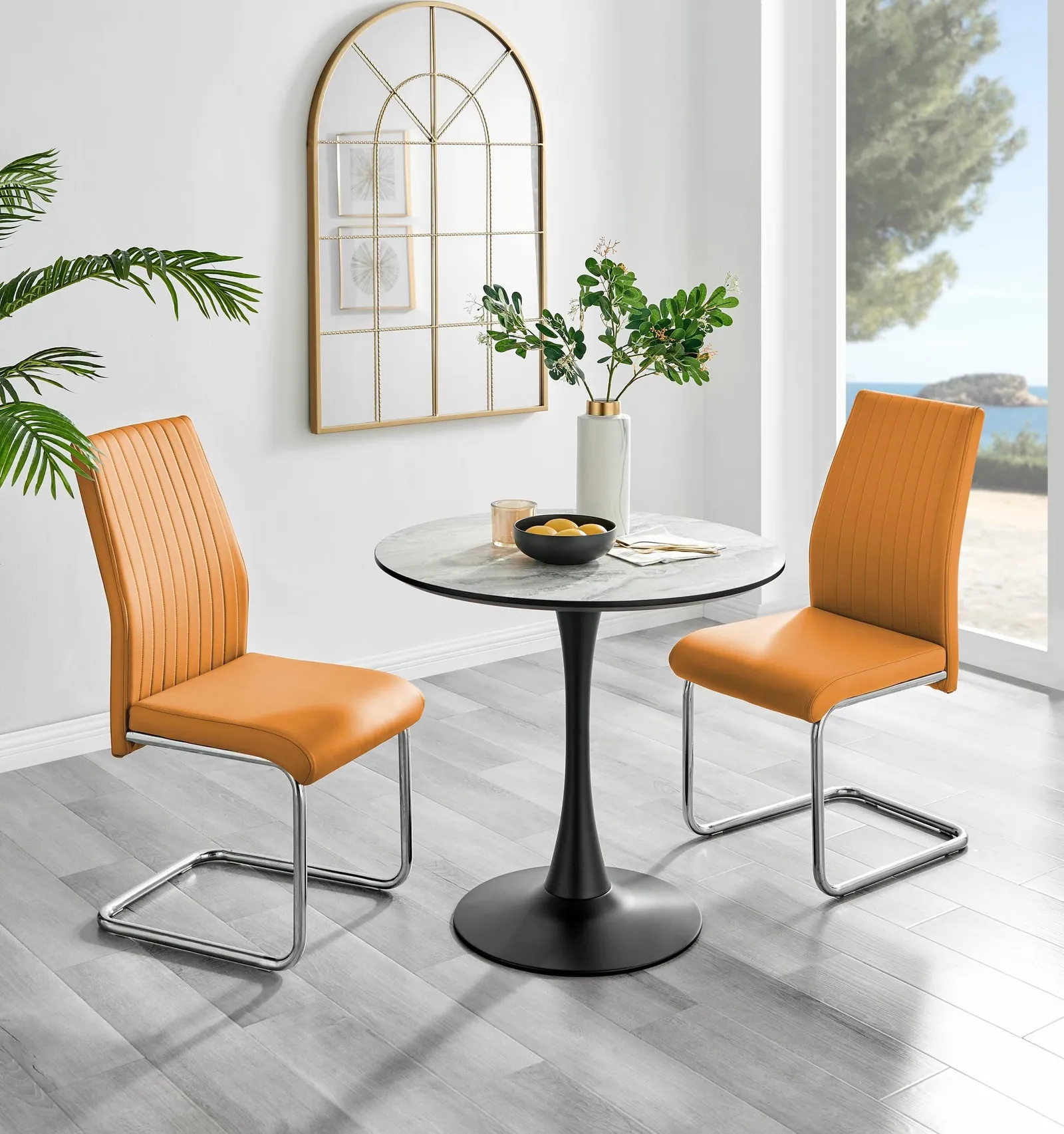 FurnitureboxUK Elina White Marble Effect Scratch Resistant Dining Table & 2 Lorenzo Faux Leather Chairs in Mustard 1
