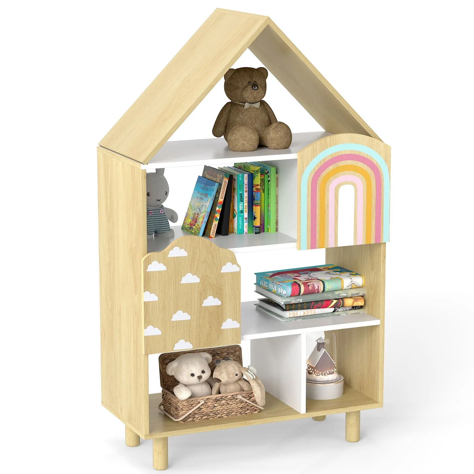 Costway Dollhouse Bookshelf House-shaped Bookcase with 2 Doors in Natural 3