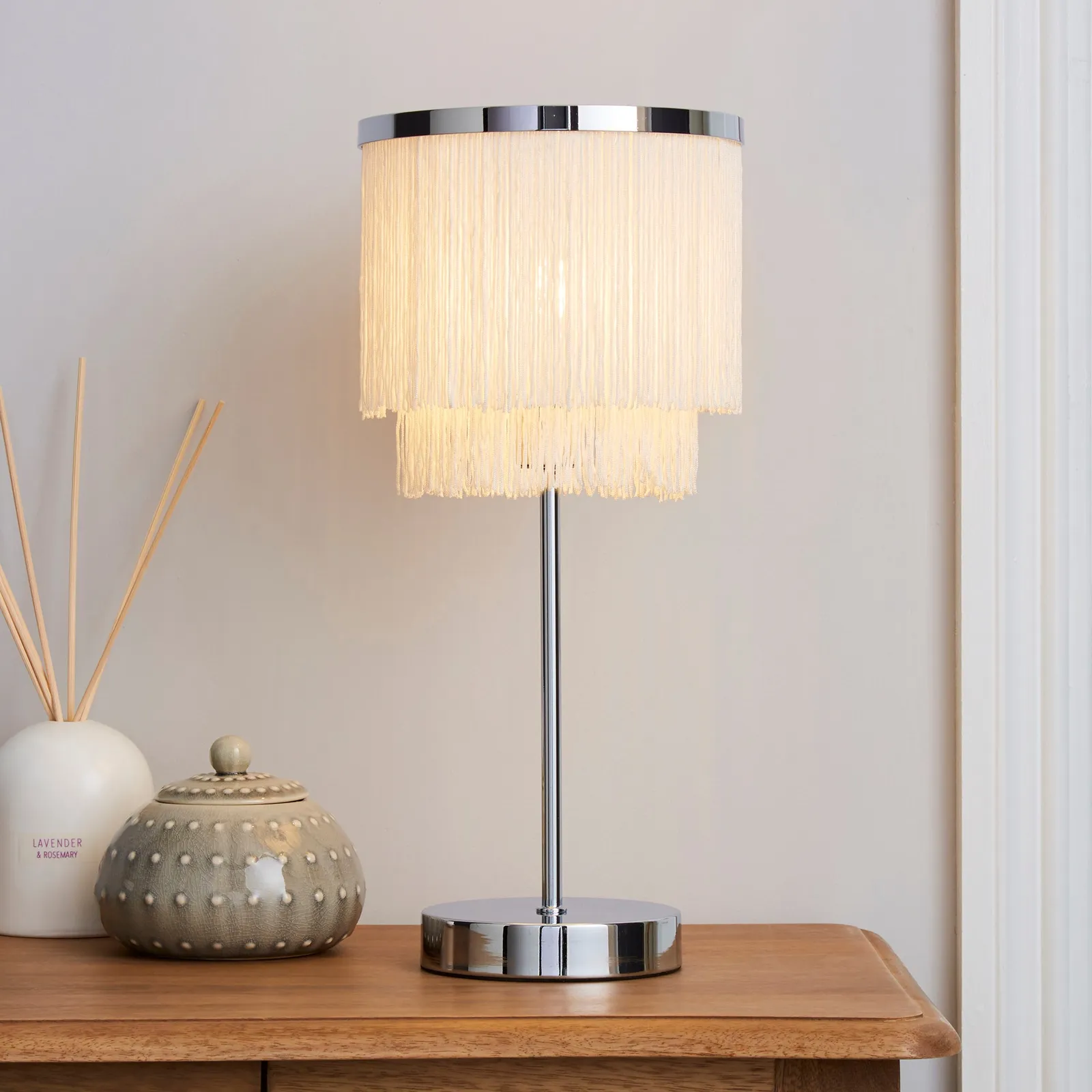 Jaz Fringe Ivory Table Lamp Cream and Silver