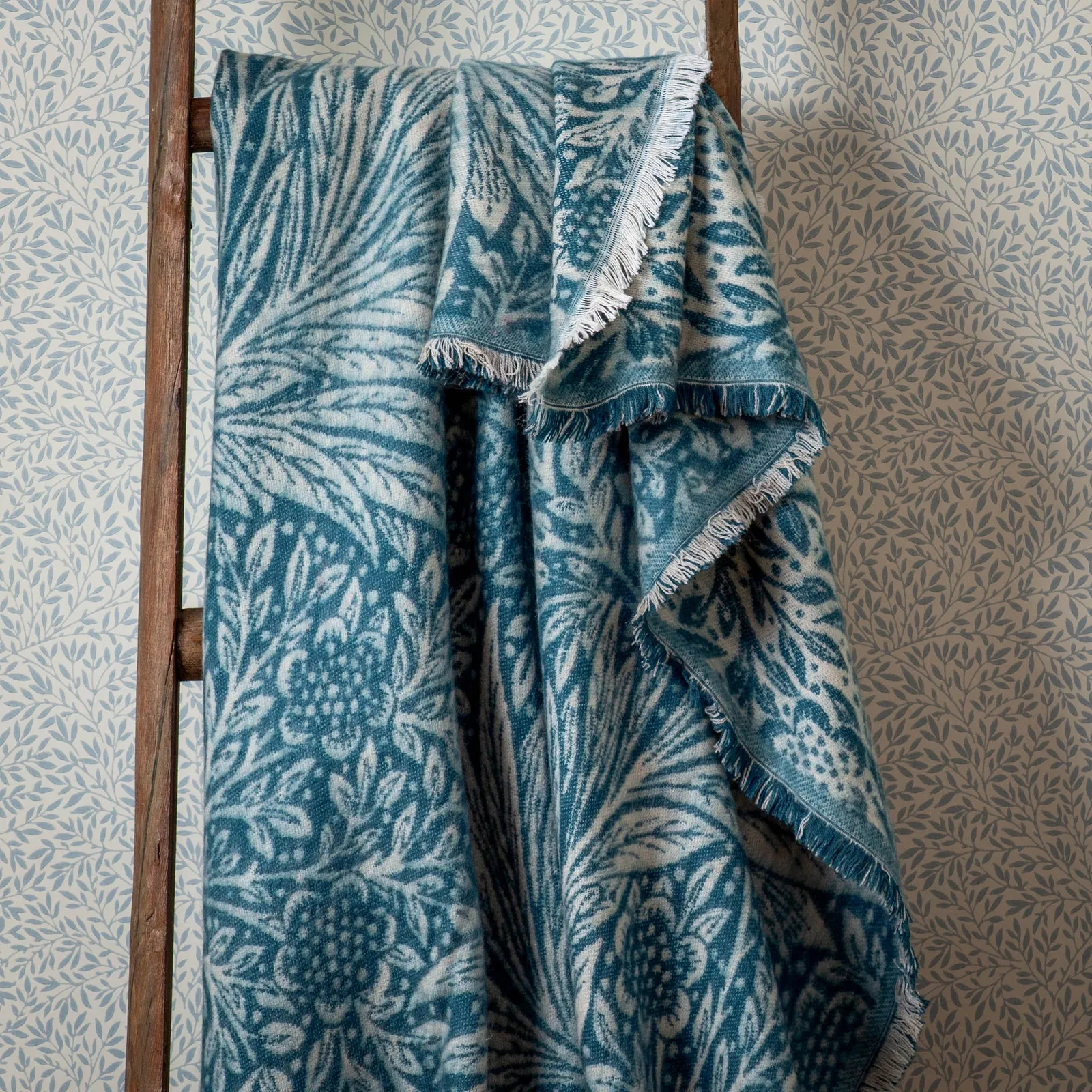 Morris & Co Marigold Jacquard Throw in Indigo