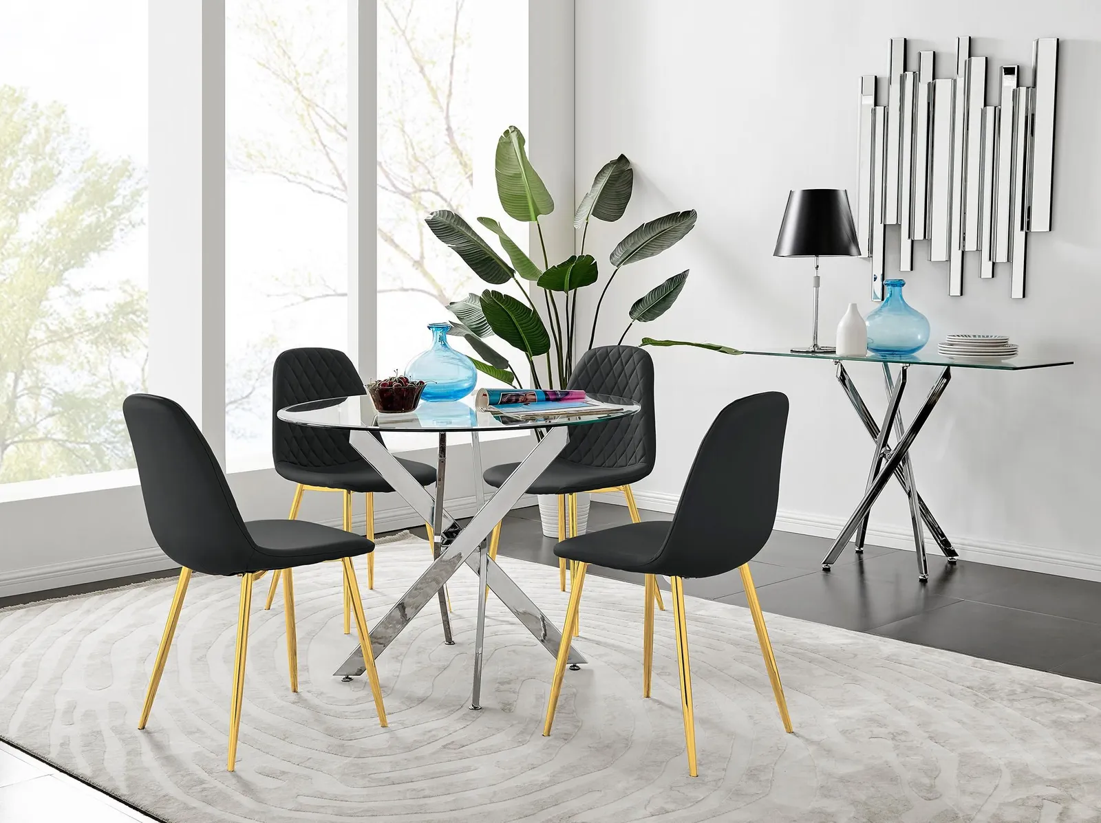 FurnitureboxUK Novara Chrome Metal 100cm Round Glass Dining Table & 4 Corona Gold Dining Chairs in Black