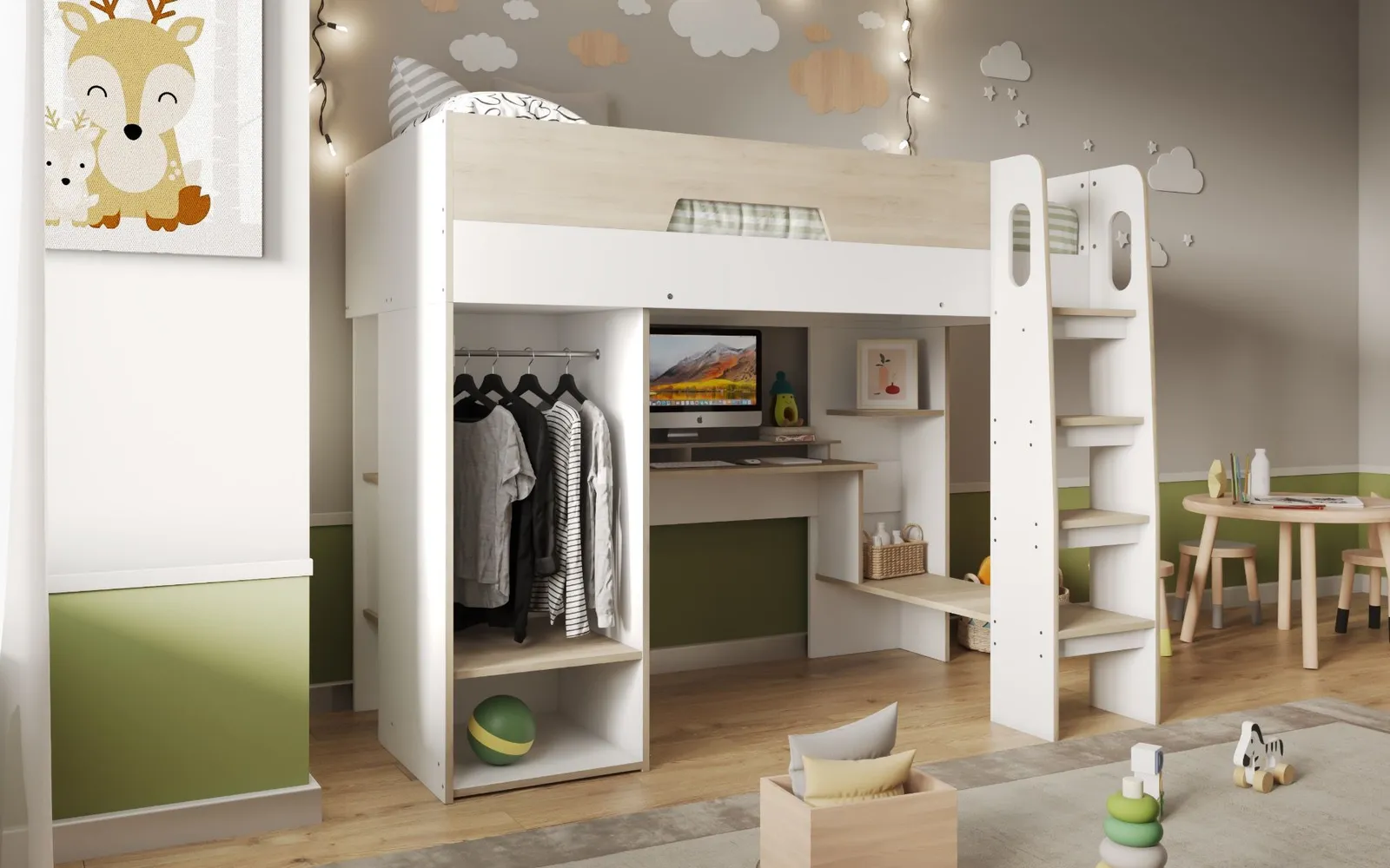 Flair Coco High Sleeper Workstation with Wardrobe in White