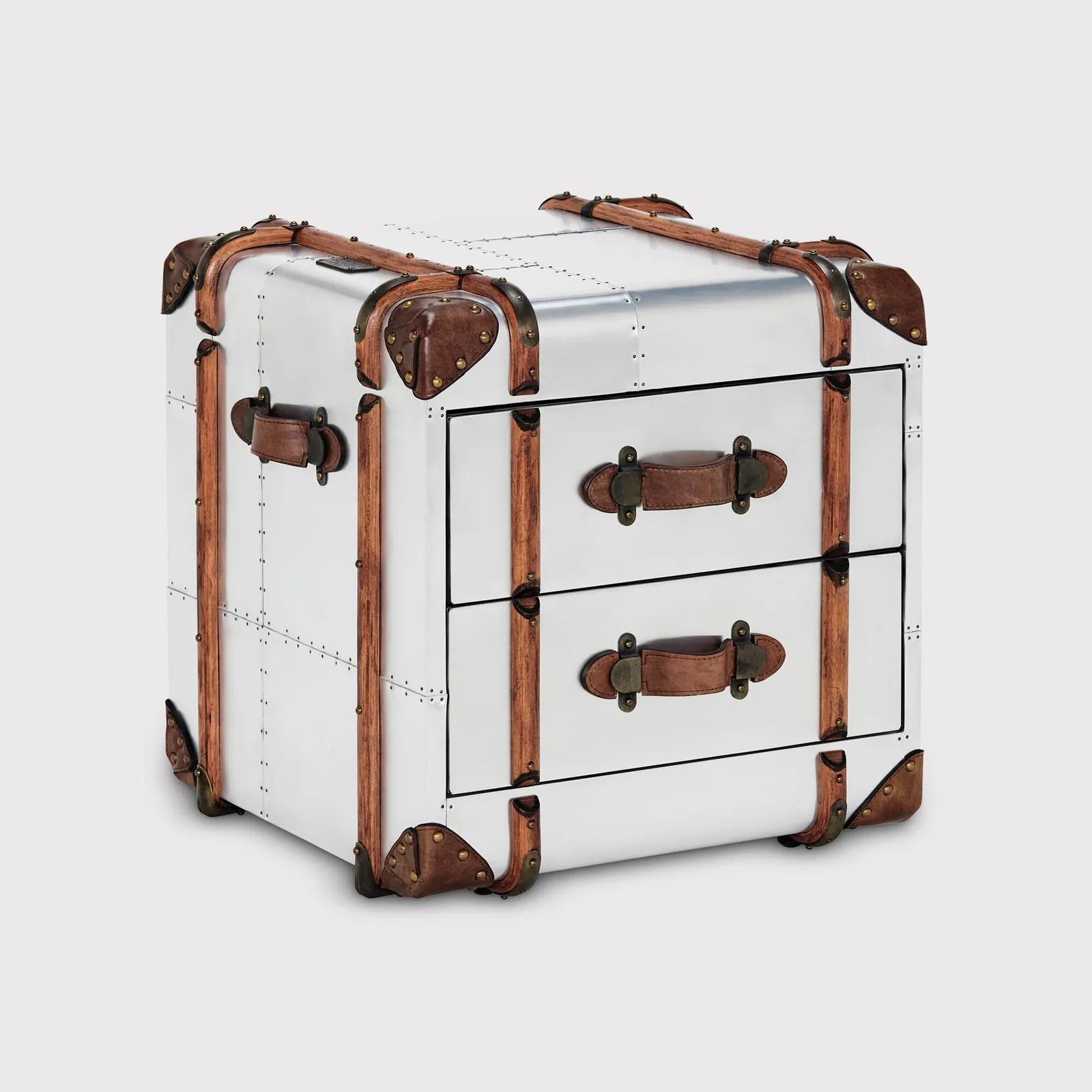 Timothy Oulton Globetrekker 2 Drawer Side Table, Silver Metal | Barker & Stonehouse