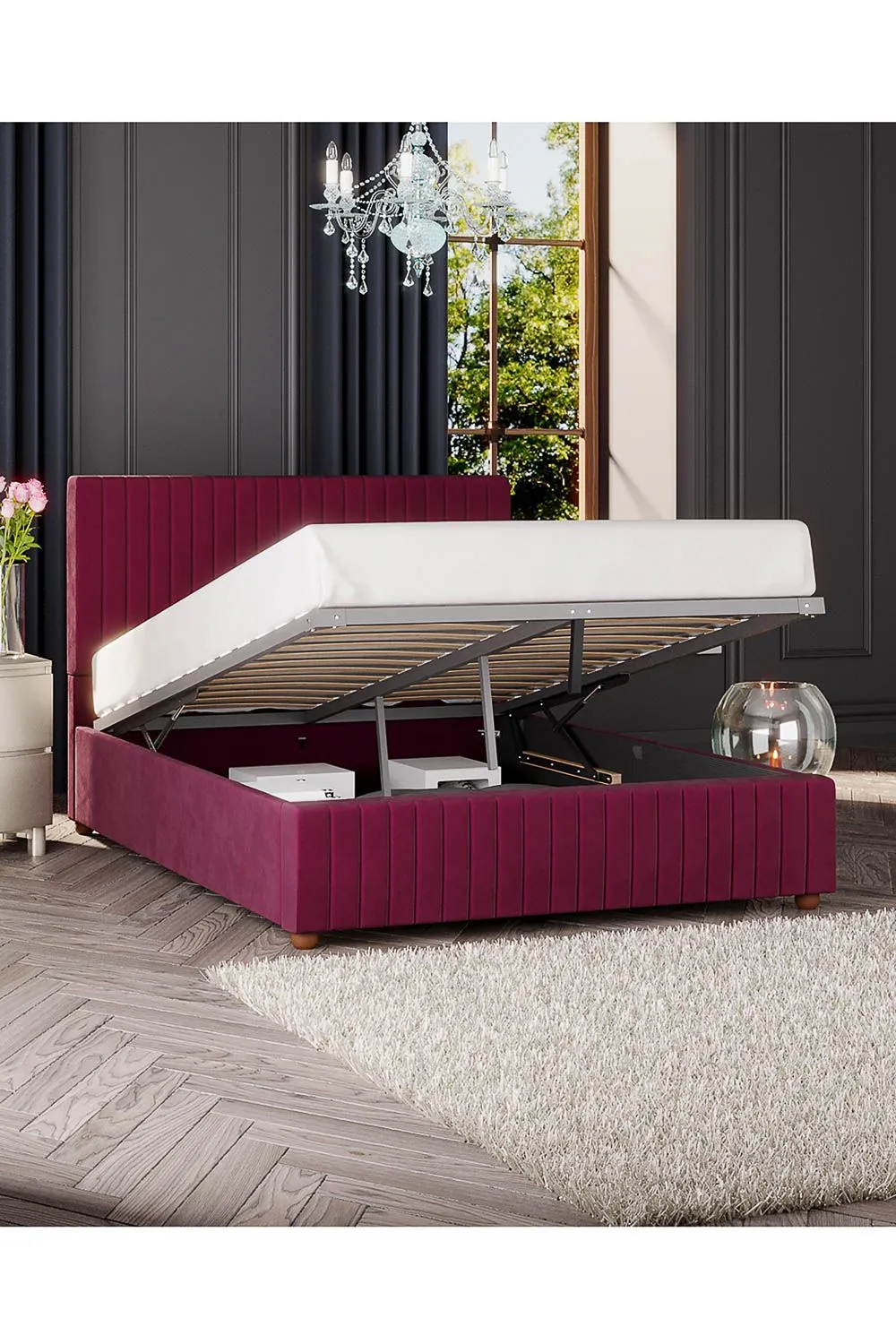 Laurence Llewelyn-Bowen Estella Ottoman Storage Bed in Plush Velvet Fabric, Custom Made in Wine 3