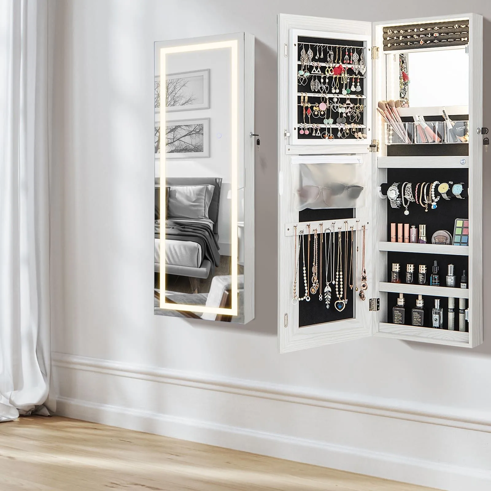 Costway 108cm Jewelry Mirror Cabinet Lockable Jewelry 3-Color LED Lights-White in White 4