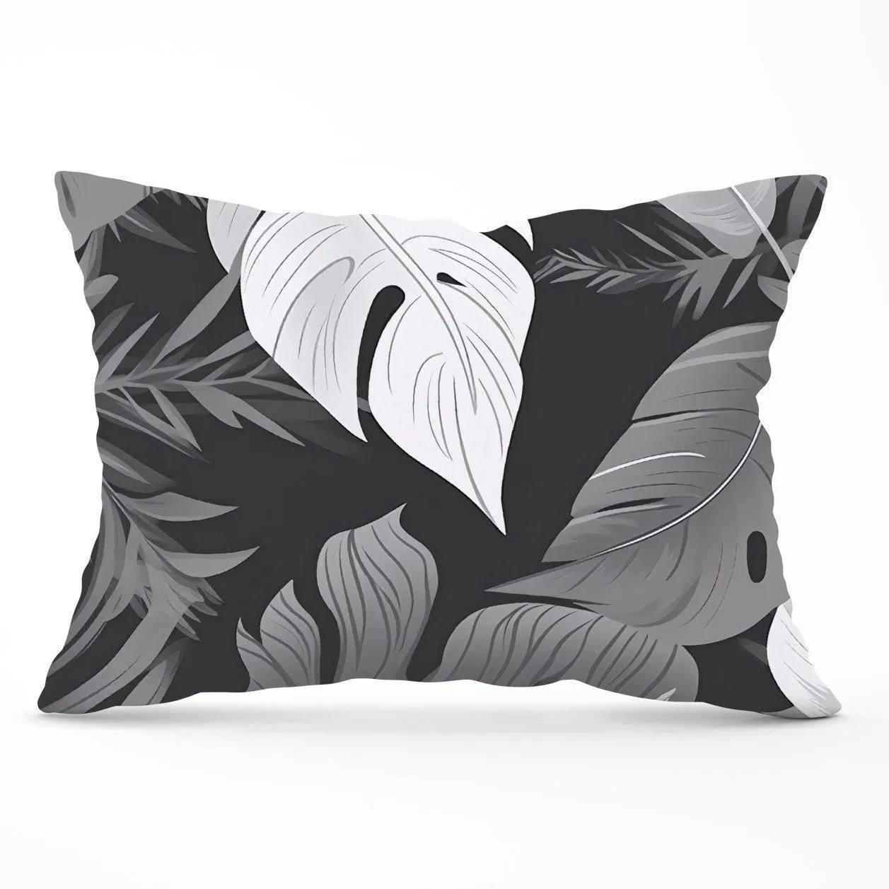 Warren Reed - Designer Black White Tropical Leaves Cushions in Grey