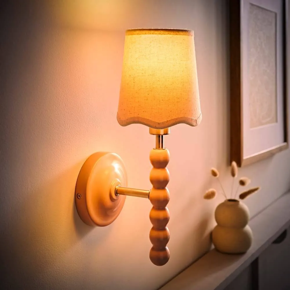 ValueLights Bobbins Pastel Bobble Wall Light & Natural Linen Lamp Shade & Bulb in Pale Pink
