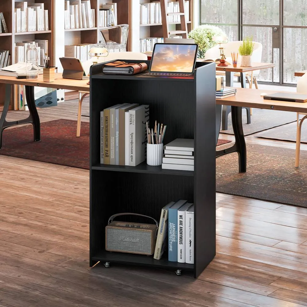 Costway Rolling Lectern Stand 105 cm Presentation Podium w/2 Shelves-Black in Black 3