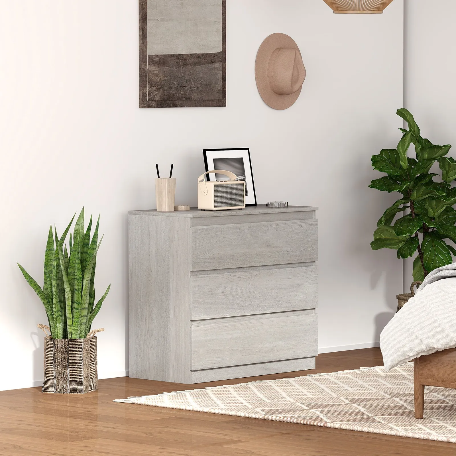 HOMCOM Chest of Drawers, 3 Drawer Storage Cabinet Unit for Bedroom in Grey