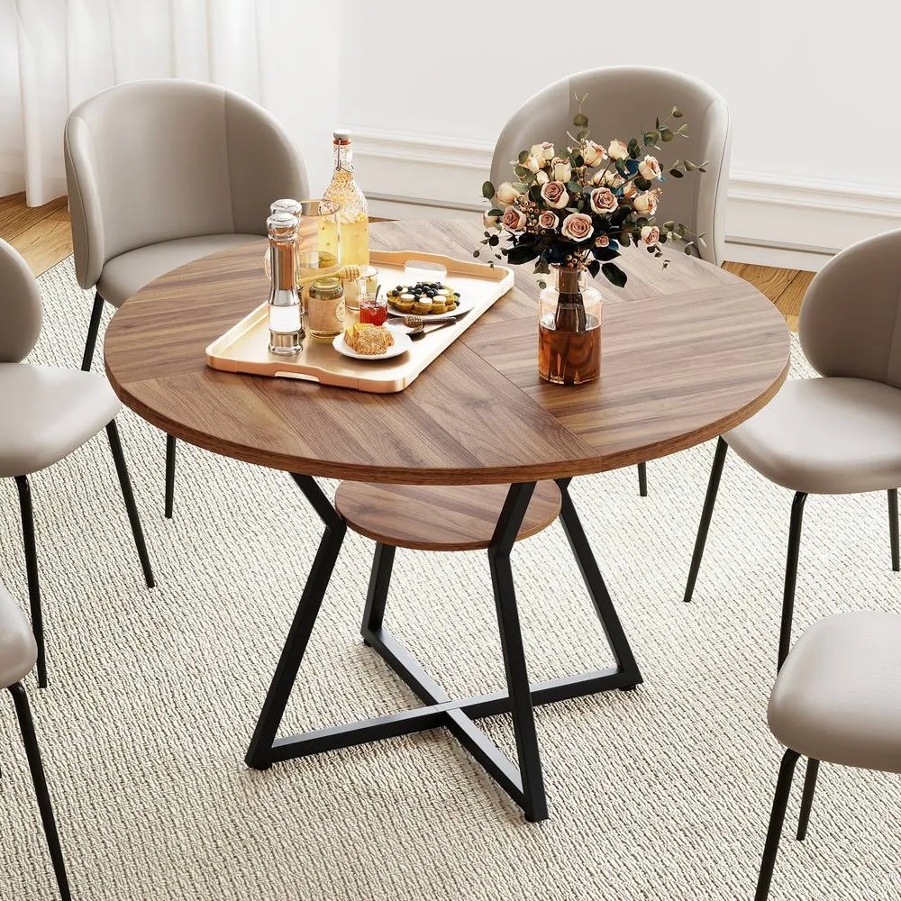 Costway Round Wooden Kitchen Table Dining Table w/ Storage Shlef in Brown 5
