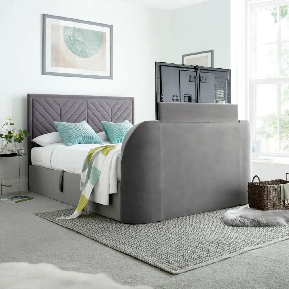 Sherlock - King Size - Side-Opening Ottoman Storage Electric TV Bed - Light Grey - Velvet - 5ft - Happy Beds