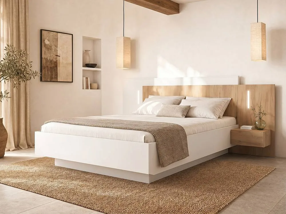 Vente-unique Ottoman Bed With Bedside Tables 160 X 200 Cm - 2 Drawers - With LED in Light Oak 3