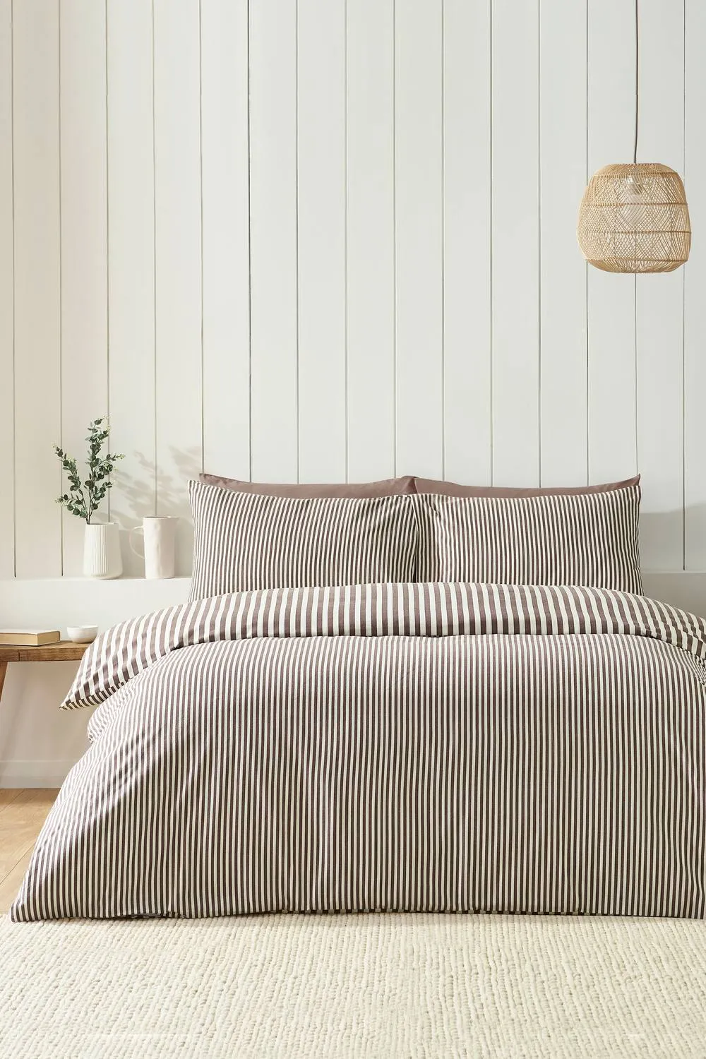 Catherine Lansfield Brushed Stripe 100% Cotton Duvet Cover Set in Chocolate 2