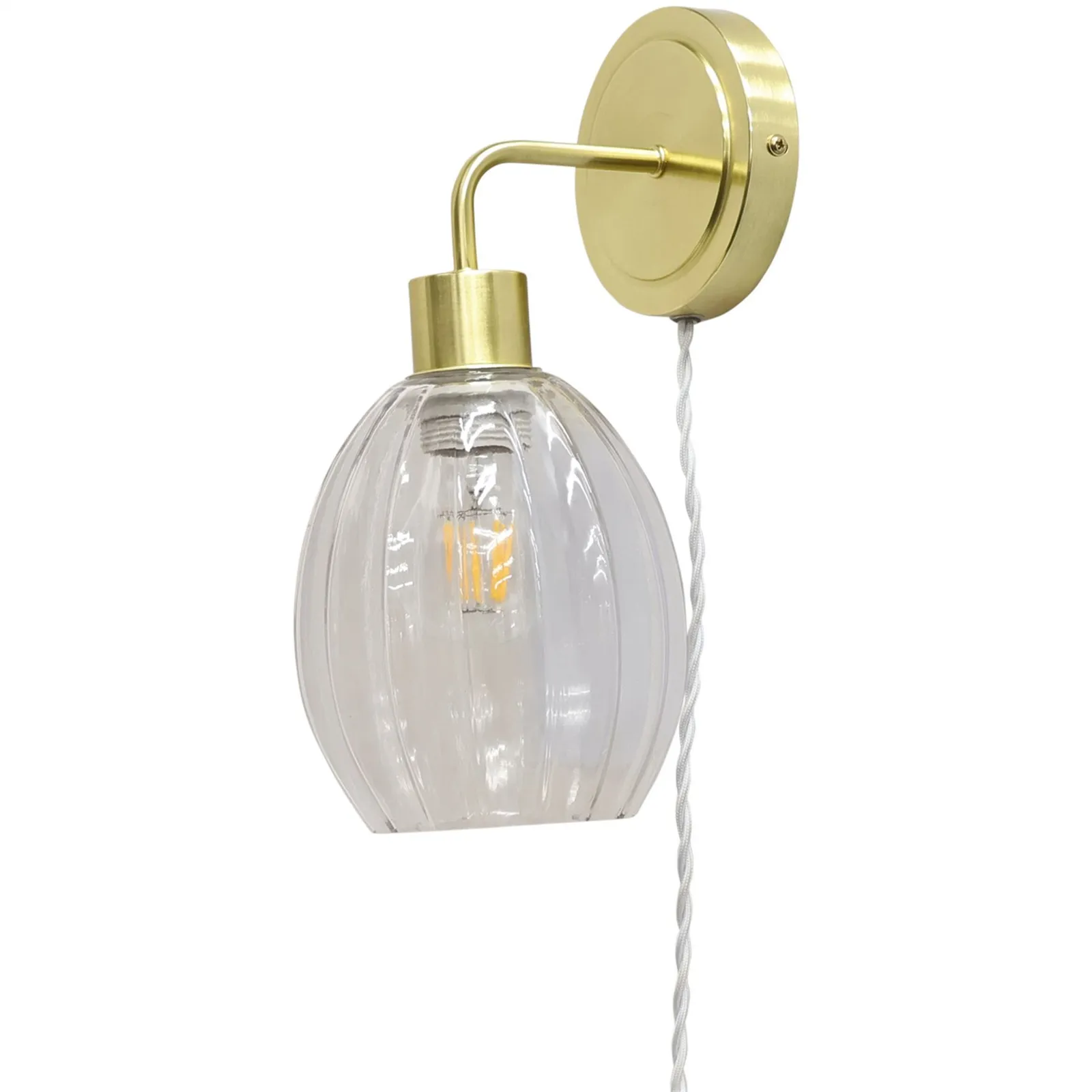 First Choice Lighting Set of 2 Toby - Satin Brass Plug in Wall Lights Fluted Shades in Gold 3
