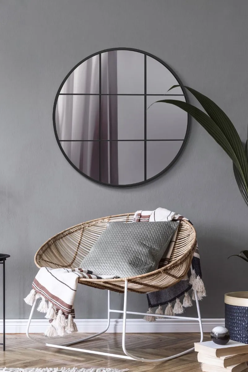 MirrorOutlet Black Metal Framed Round Window Wall Mirror 31" X 31" (80x80CM)