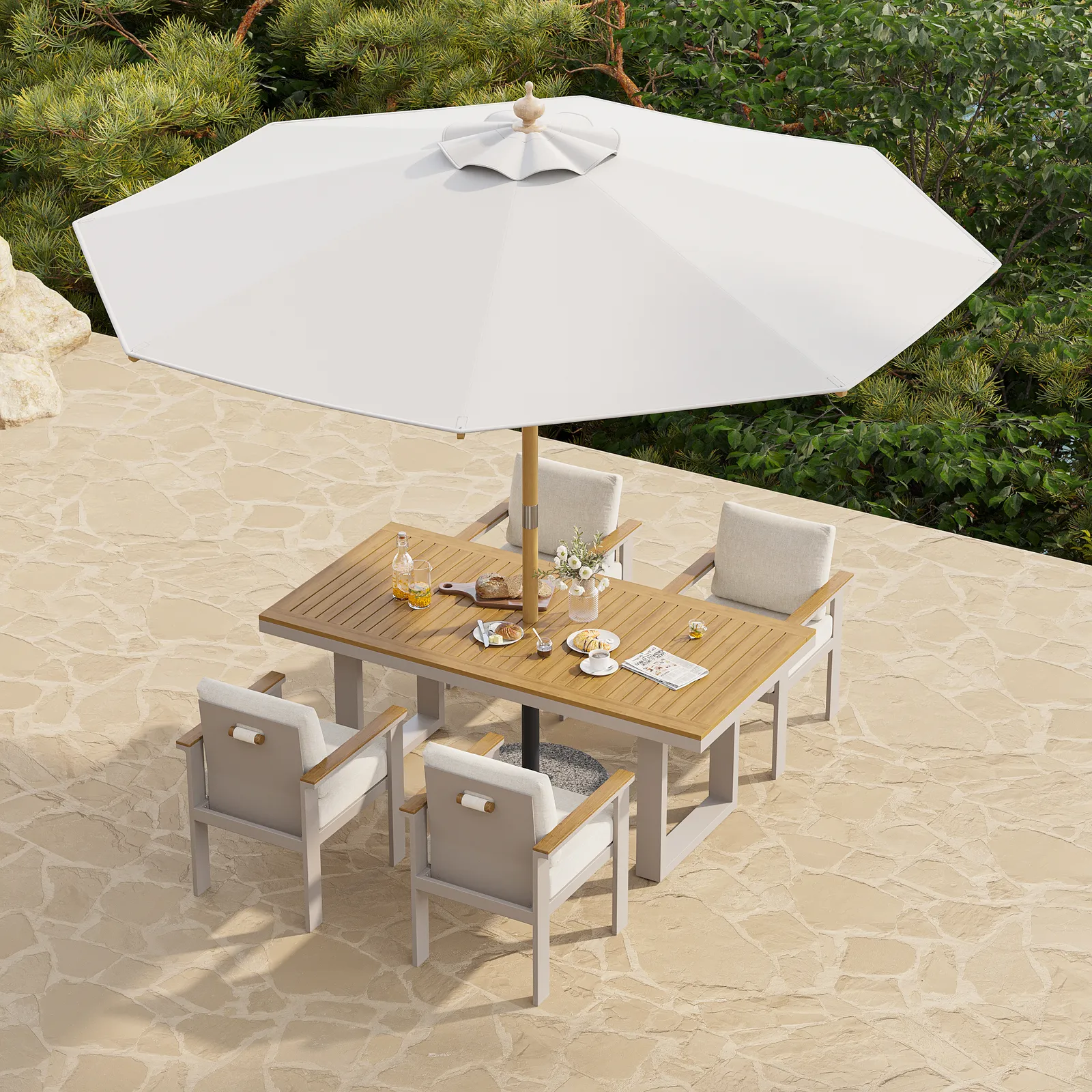 Tevara 6-Piece Rectangular Wood and Aluminium Outdoor Dining Set with Pillar Umbrella