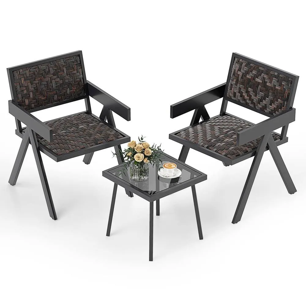 Costway 3 Pcs Patio PE Wicker Bistro Set Patio Table & Chairs Set-Mix Brown