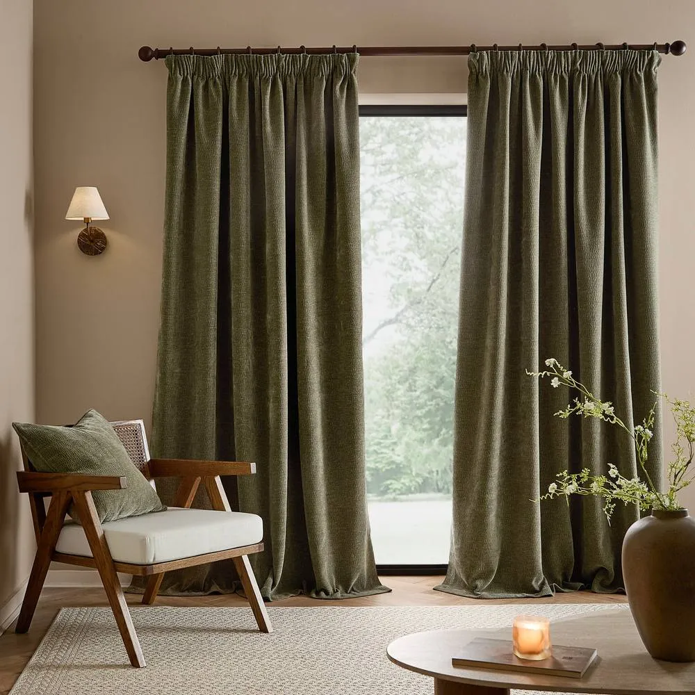 Yard Heath Washed Velvet Fully Lined Pencil Pleat Curtain Pair in Green 4
