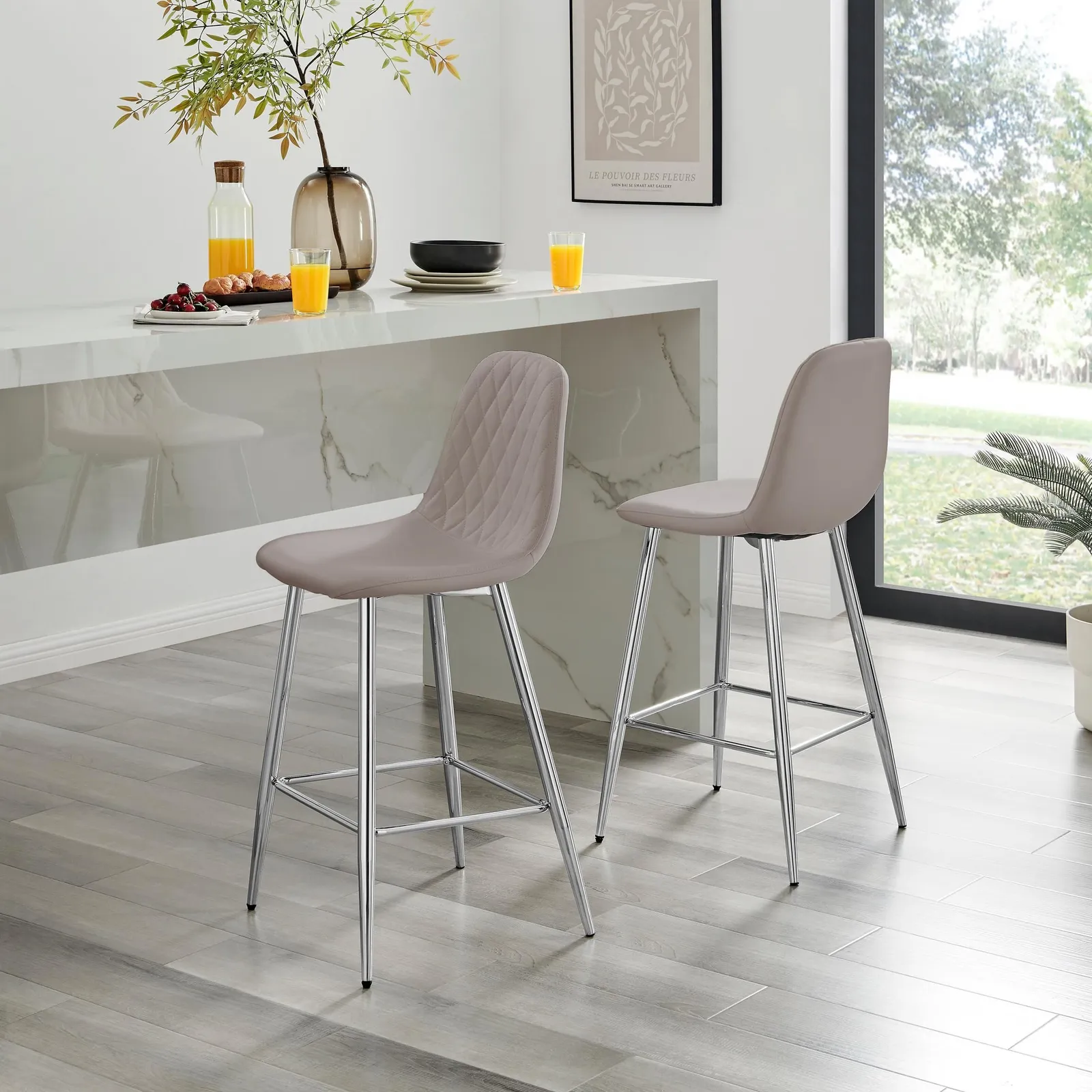 FurnitureboxUK Corona Set of 2 Counter Stools - Faux Leather Counter Stools With Silver Legs - Kitchen Island Stool in Beige