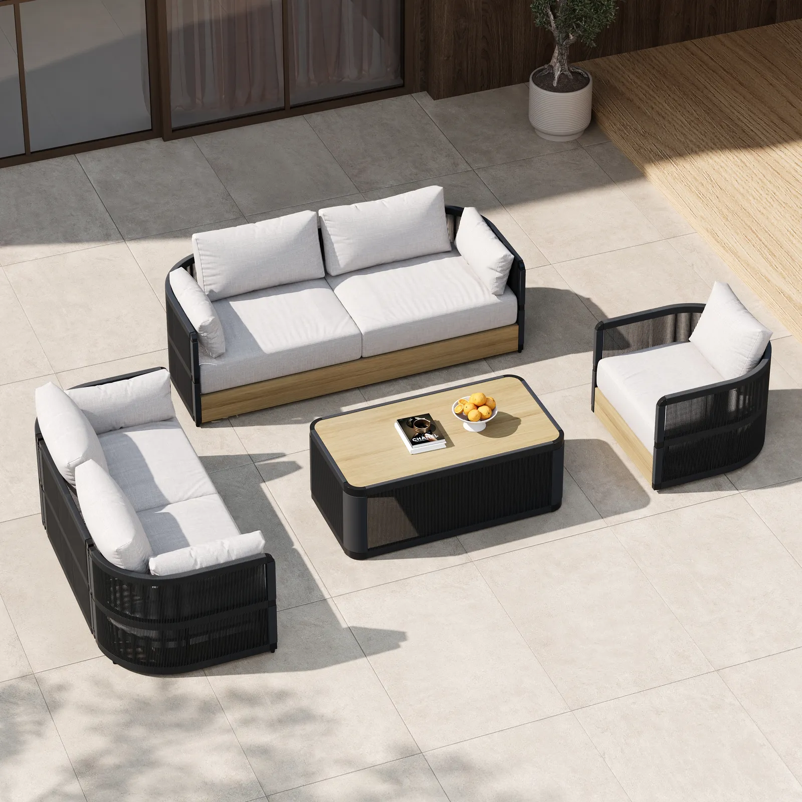 4-piece Modern Aluminium & Rope Garden Swivel Sofa Set with Coffee Table in Black for 6 People, Modern Wood Garden & Yard Rope Sofa Set