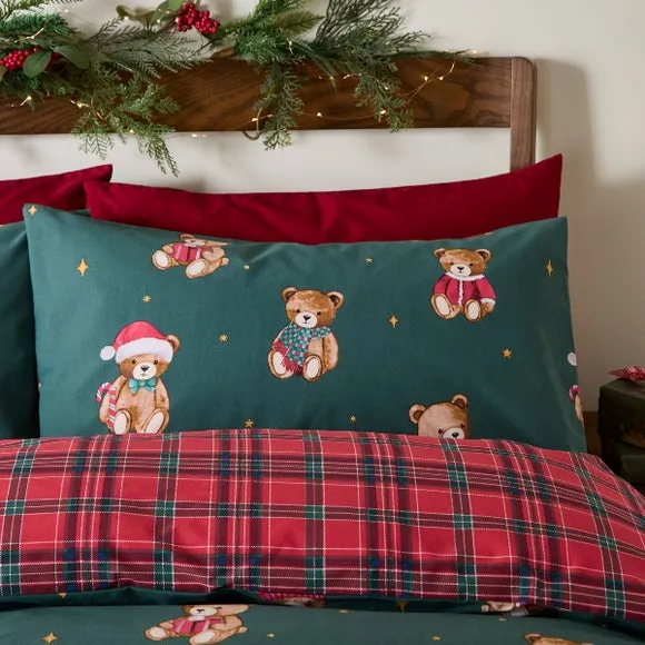 Catherine Lansfield Christmas Tartan Teddy Bear Duvet Cover & Pillowcase Set 4