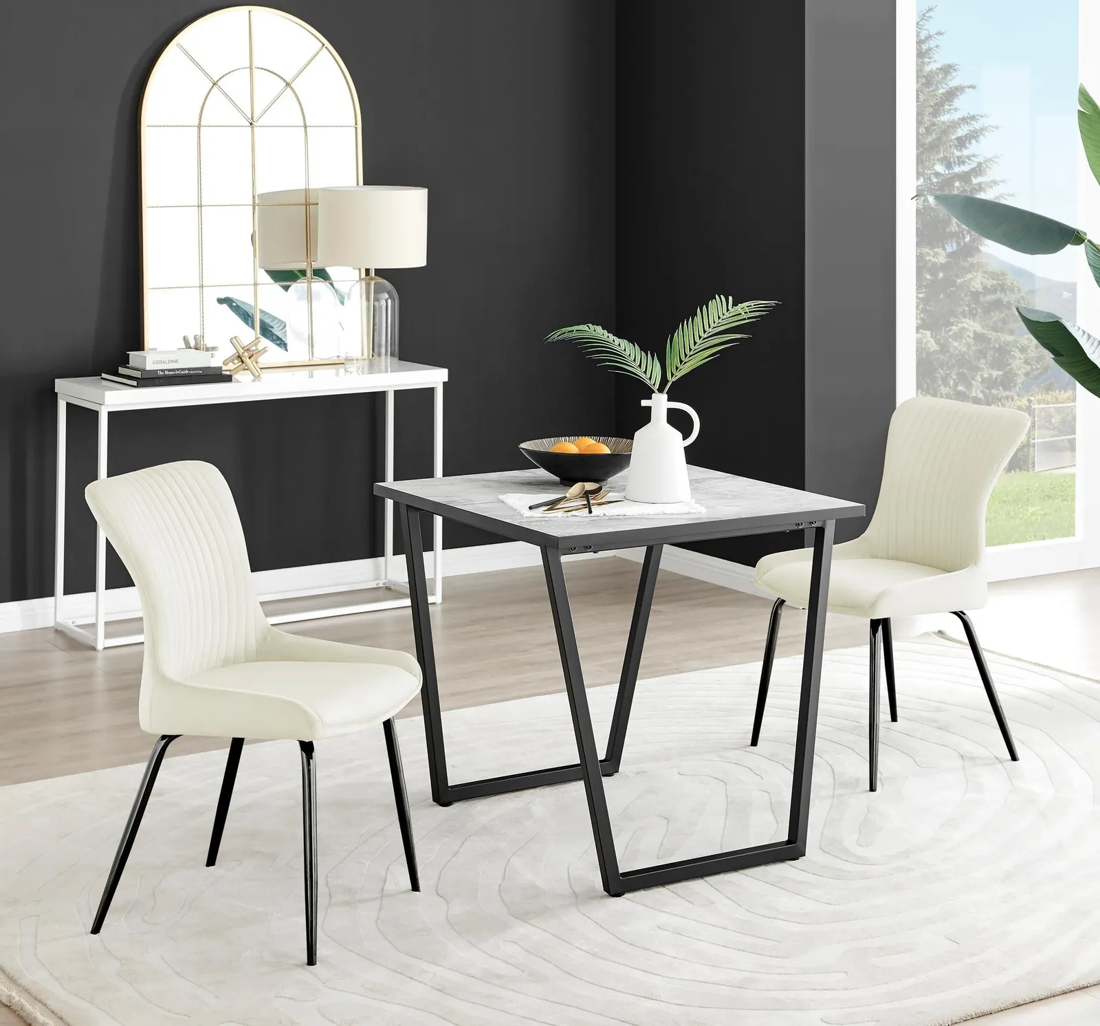 FurnitureboxUK Carson White Marble Effect Square Dining Table & 2 Velvet Nora Black Leg Chairs in Cream