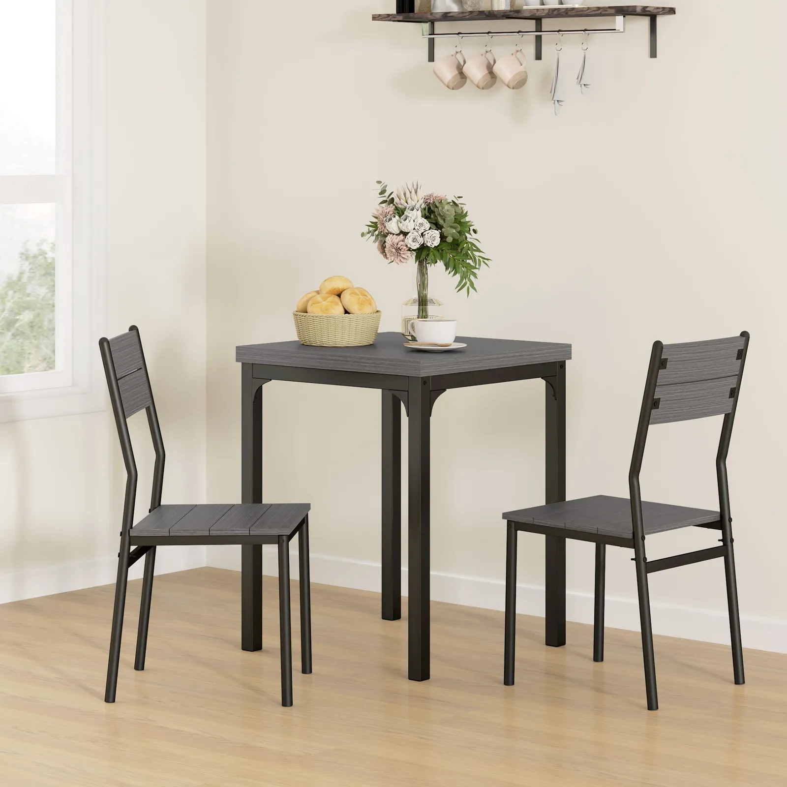 HOMCOM 3 Pcs Compact Dining Table 2 Chairs Set in Grey