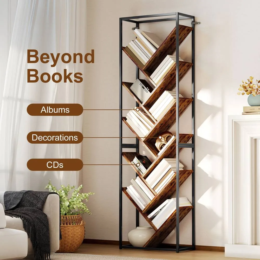 HOMCOM 10 Tier Tree Bookshelf Industrial Tall Bookcase Rustic Brown Black 6