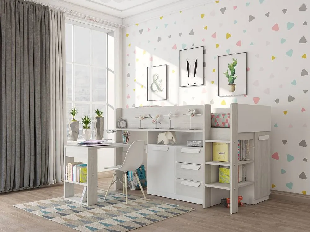 Vente-unique Combination Bed 90 X 200 Cm - With Desk & Storage - White and in Light Oak 3