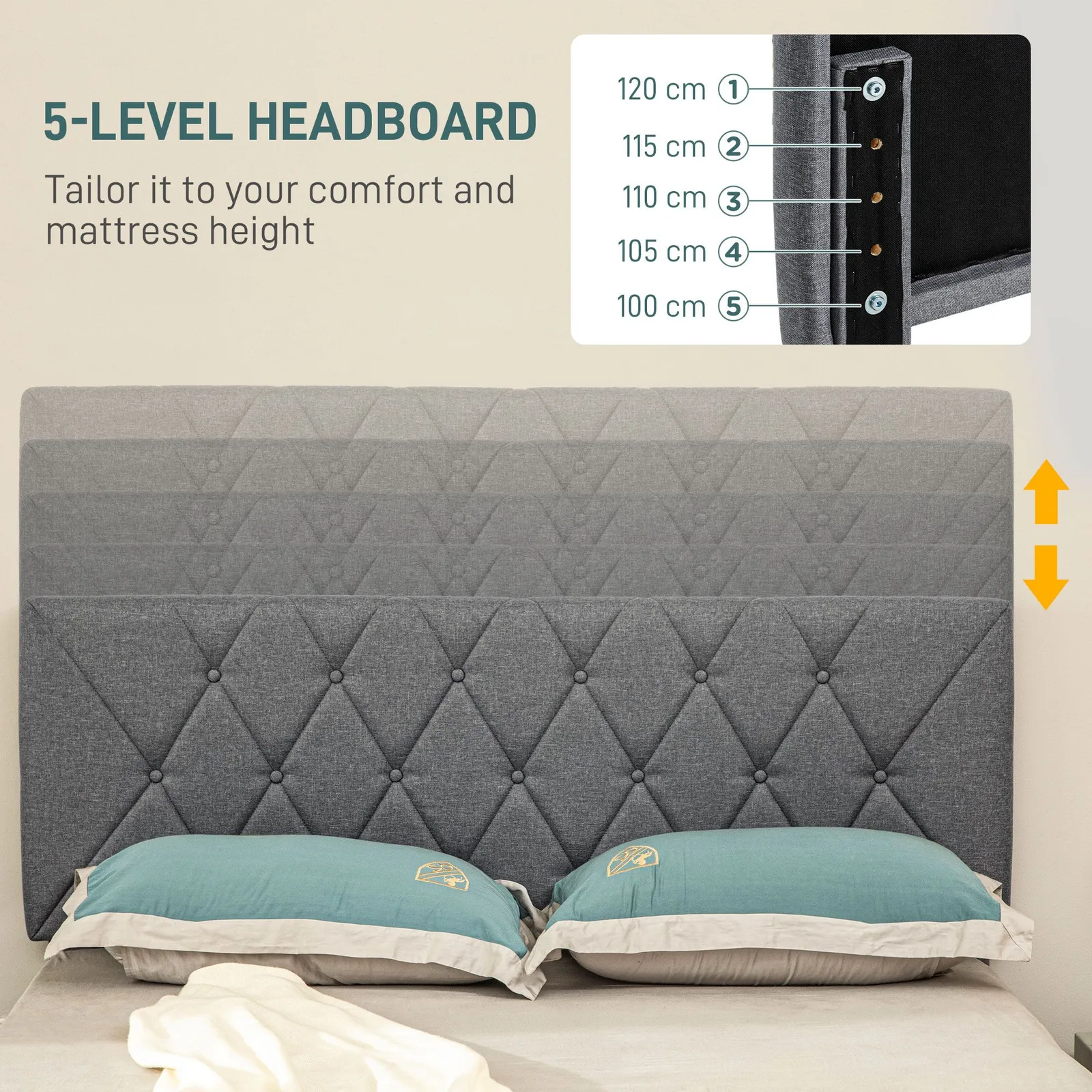 HOMCOM Linen Bed Frame with 5-Level Headboard, Wooden Slats Mattress Foundation in Grey 4