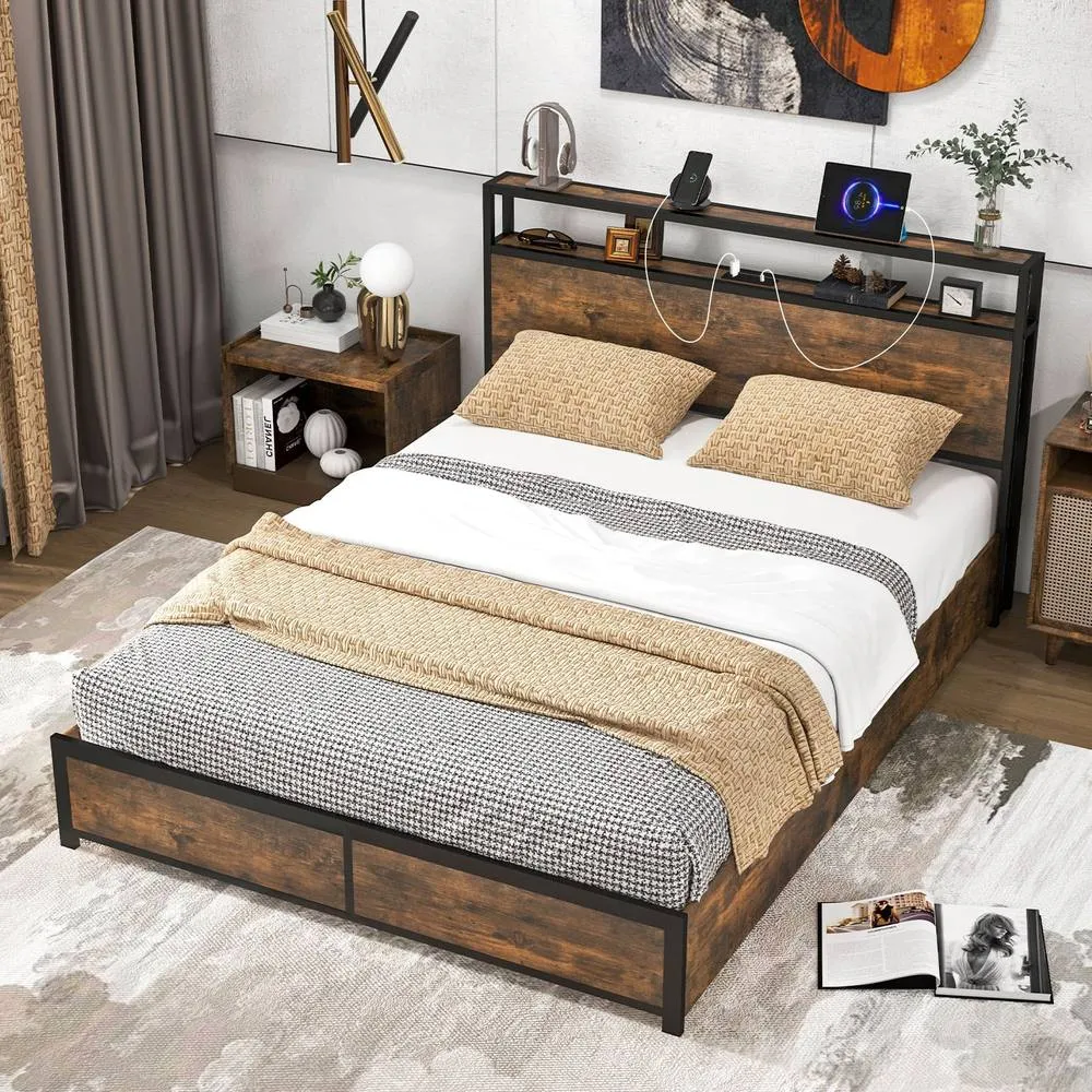 Costway King Size Bed Frame Metal Bed Platform LED Lights Headboard in Black 4
