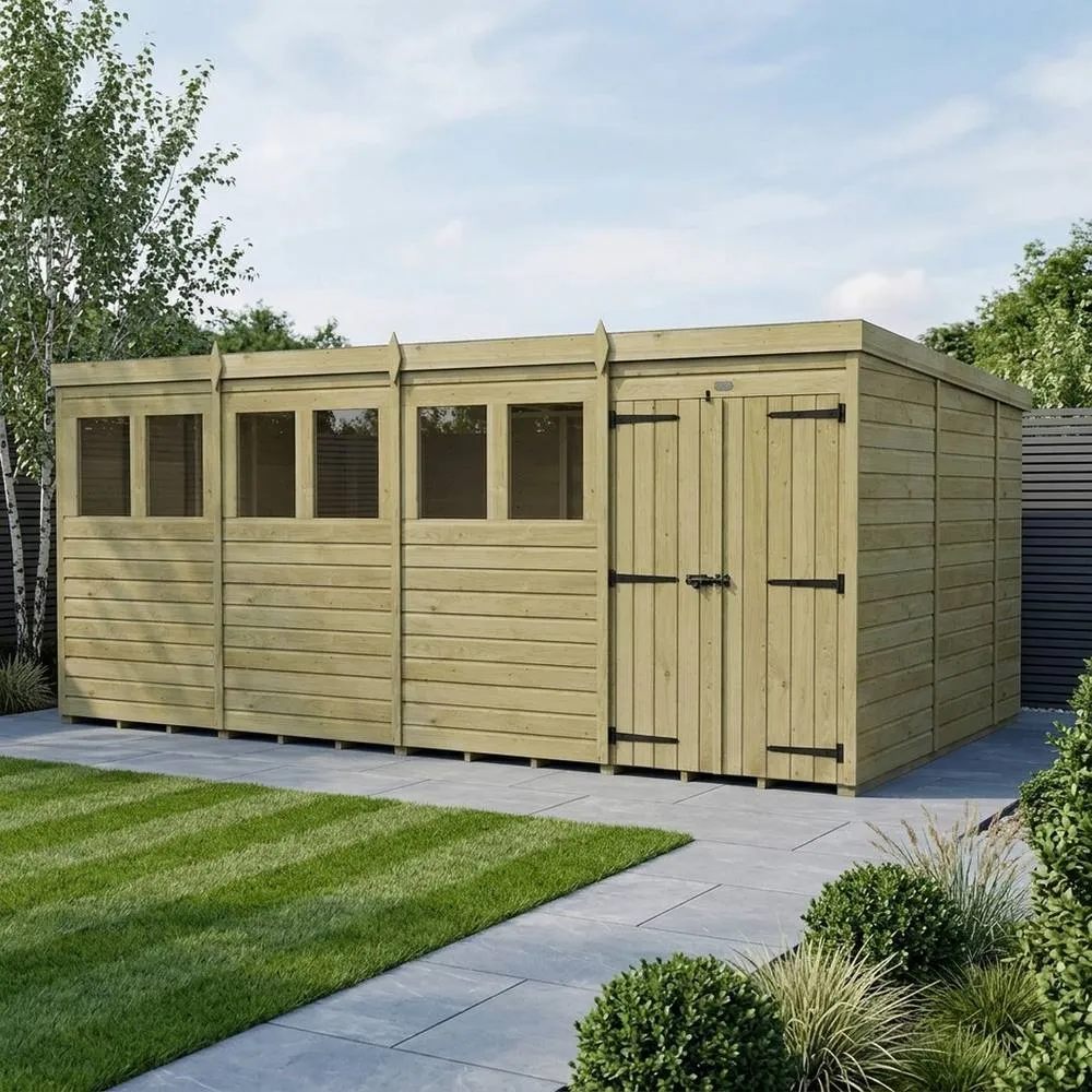Buttercup Farm 16ft x 10ft Pent Garden Shed Double Door With Windows - Timber in Brown 2