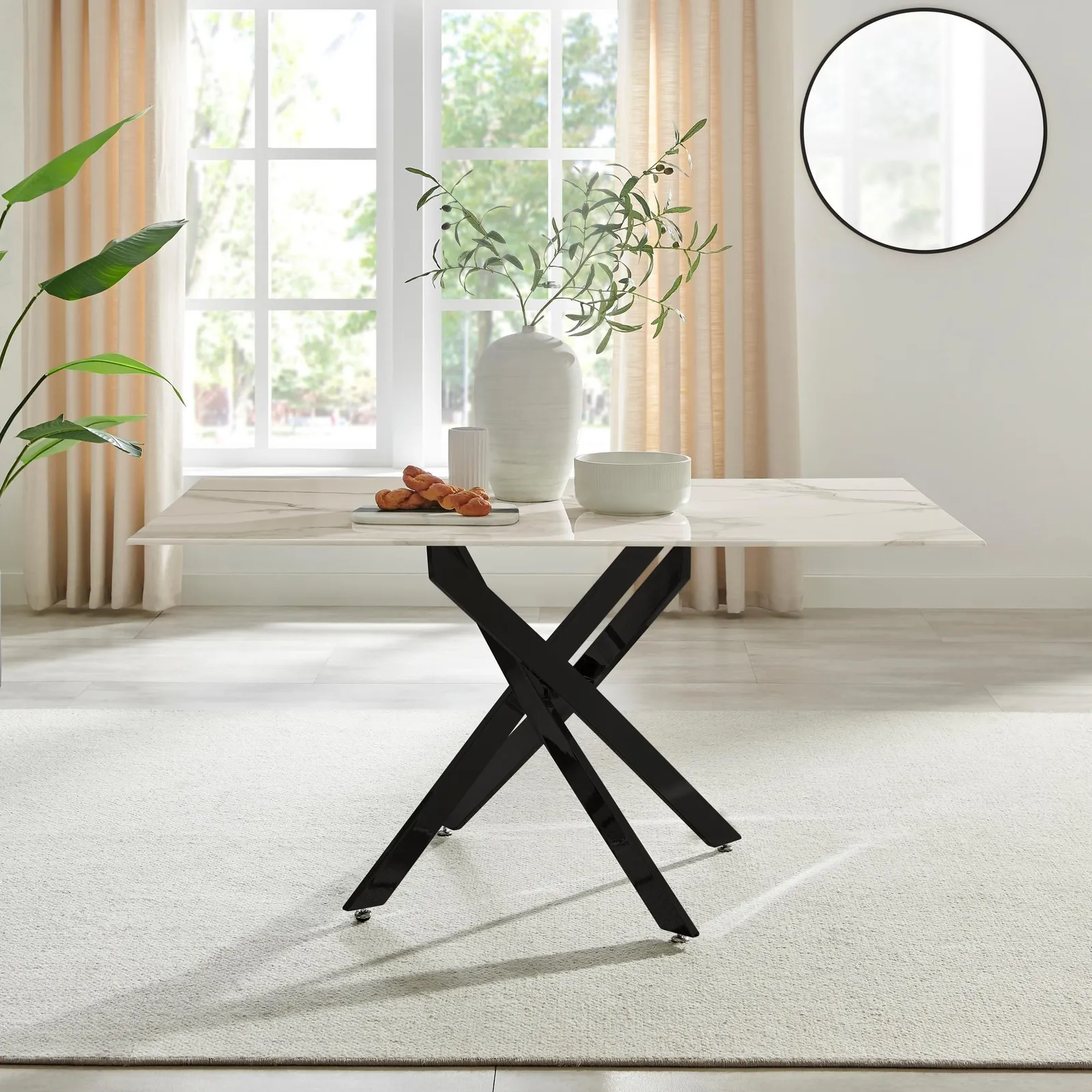 FurnitureboxUK Leonardo 6-Seater Dining Table With Marble Effect Glass Top & Black Metal Legs in White 1