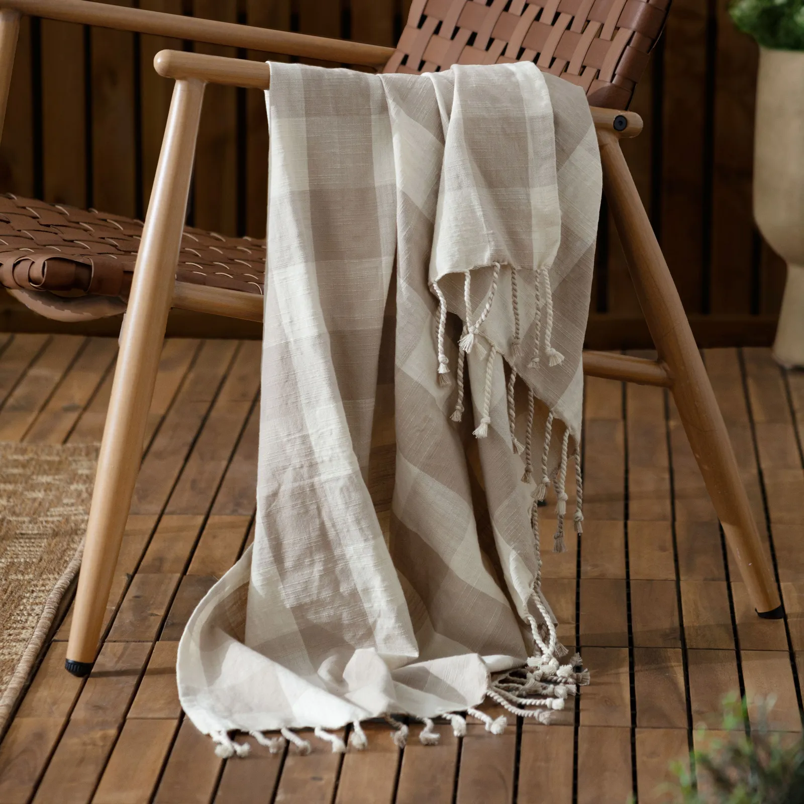 Yard Chesil Check Tasselled 100% Cotton Throw in Natural