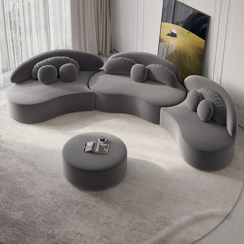 145.7" Velvet Curved Modular Sectional Sofa with Ottoman Deep Gray Upholstered 7-Seater Sofa Set