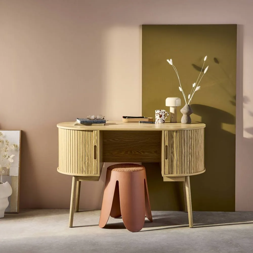 sweeek 120cm grooved wooden-effect oval desk with two storage spaces in Beige 4