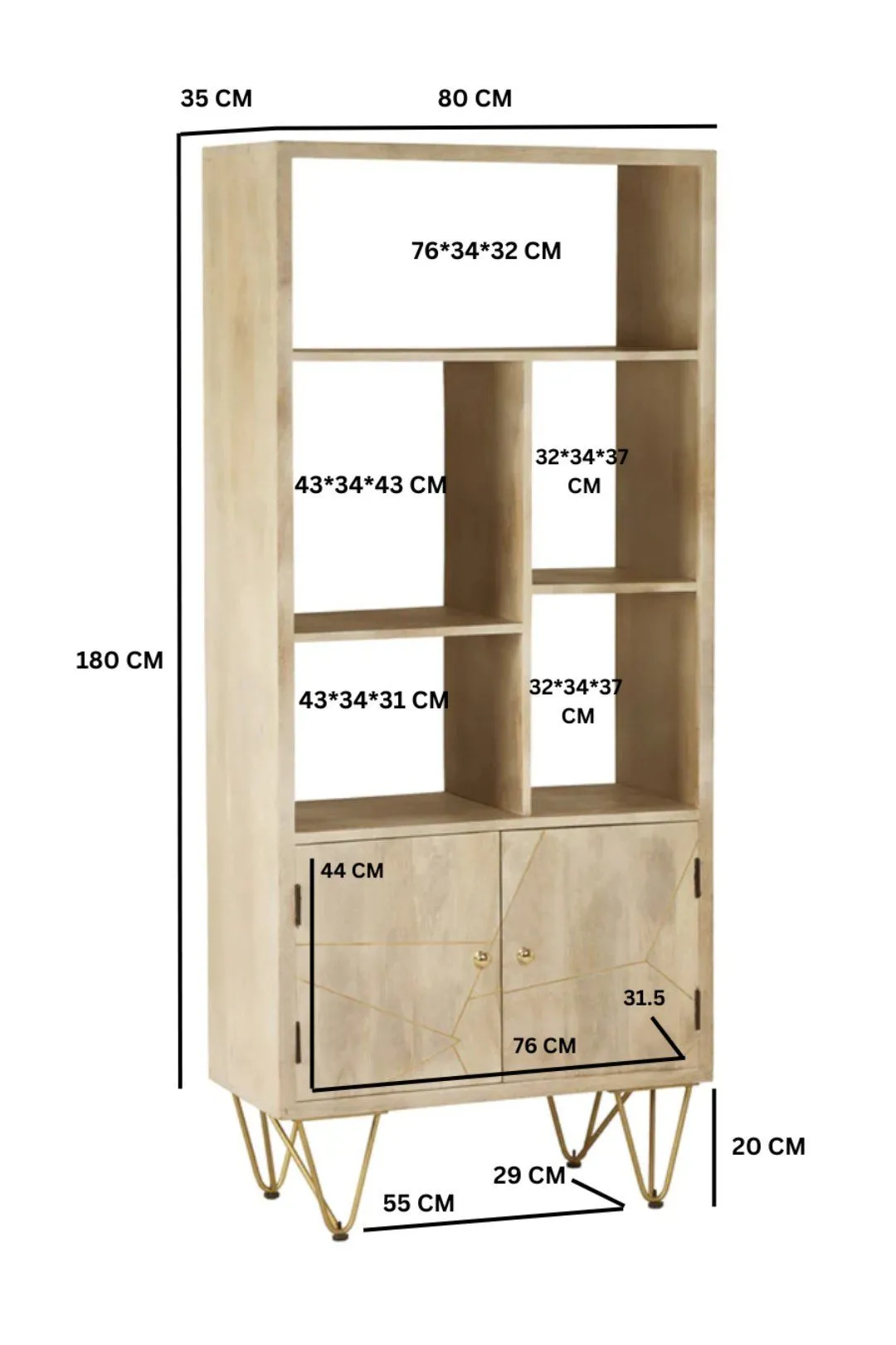 IH Design Multi shelf bookcase with Doors Deiondre Light Mango in Brown 5