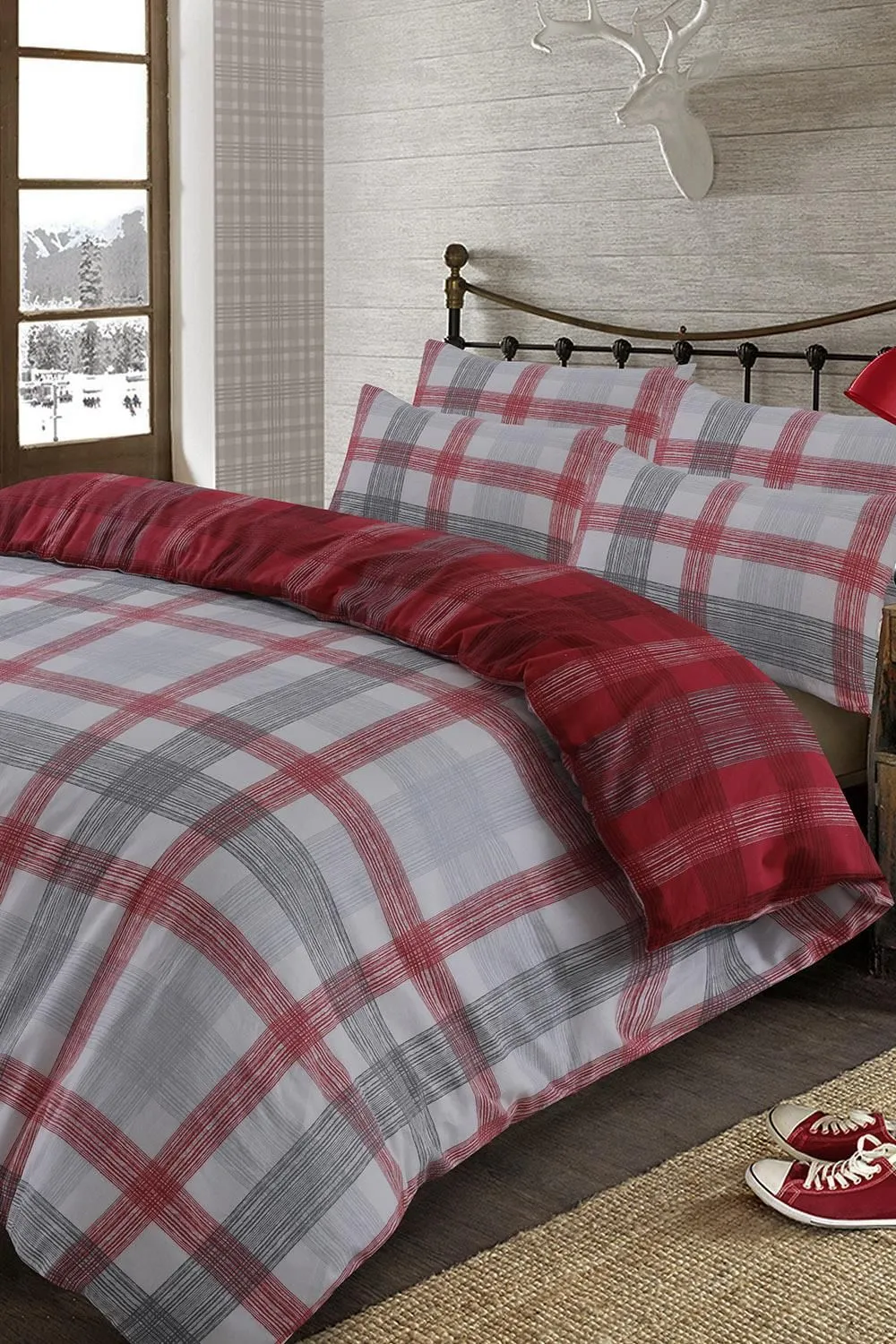 OHS Boston Brushed Cotton Duvet Cover Pillowcase Bedding Set in Red