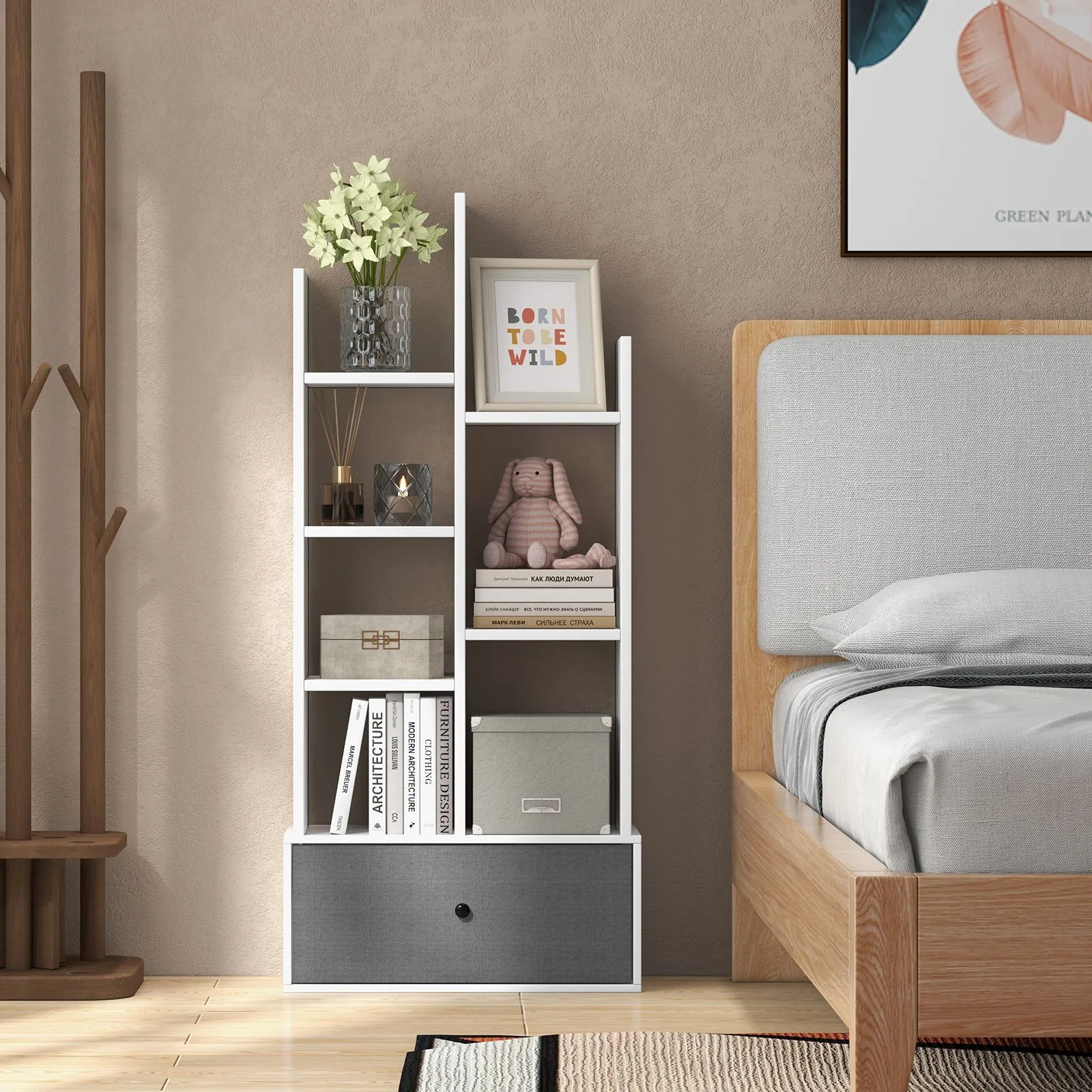 Costway 7 Tier Bookshelf Open Storage Wood Bookcase Organizer Display Shelf w/ Drawer in White 2