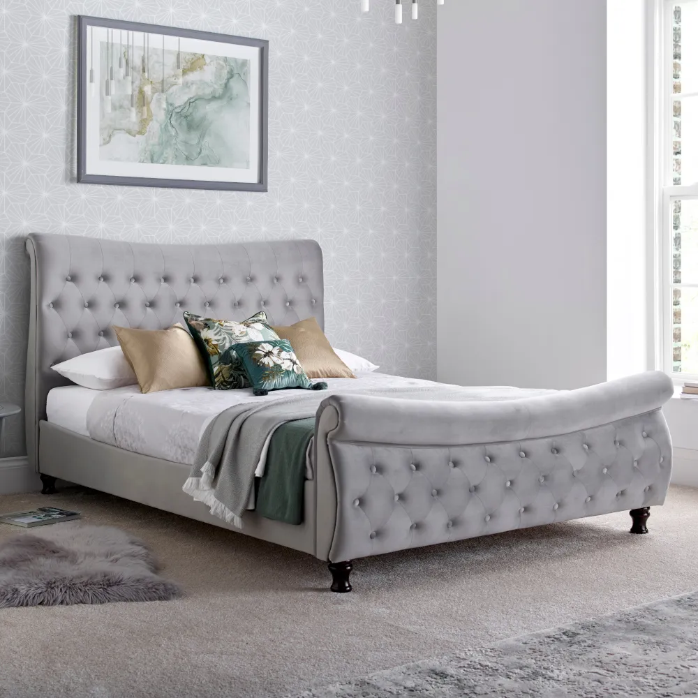 Oxford - King Size - Sleigh Bed - Grey - Velvet - 5ft - Happy Beds