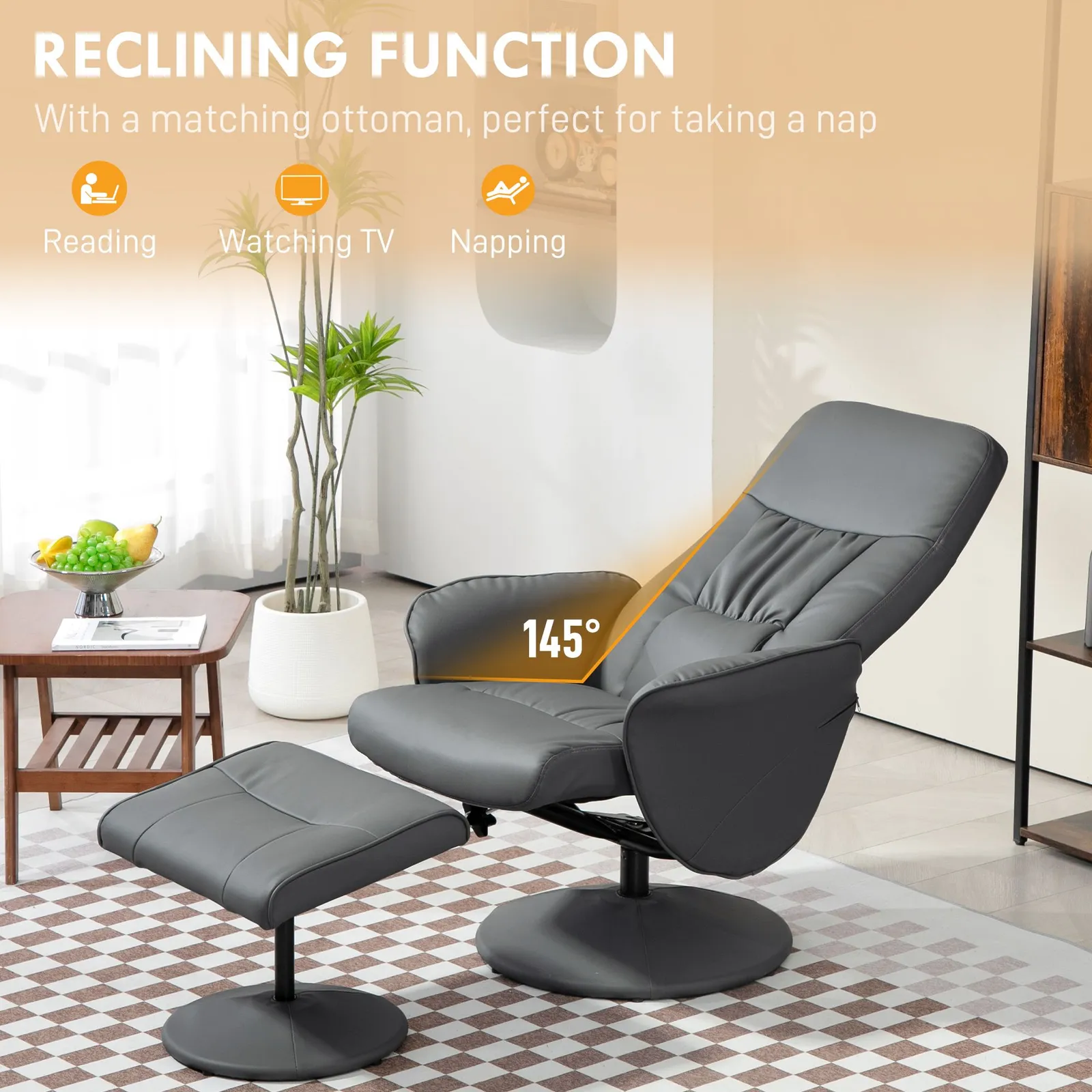 HOMCOM PU Leather Armchair & Footrest Swivel Recliner w/ Ottoman Grey 4