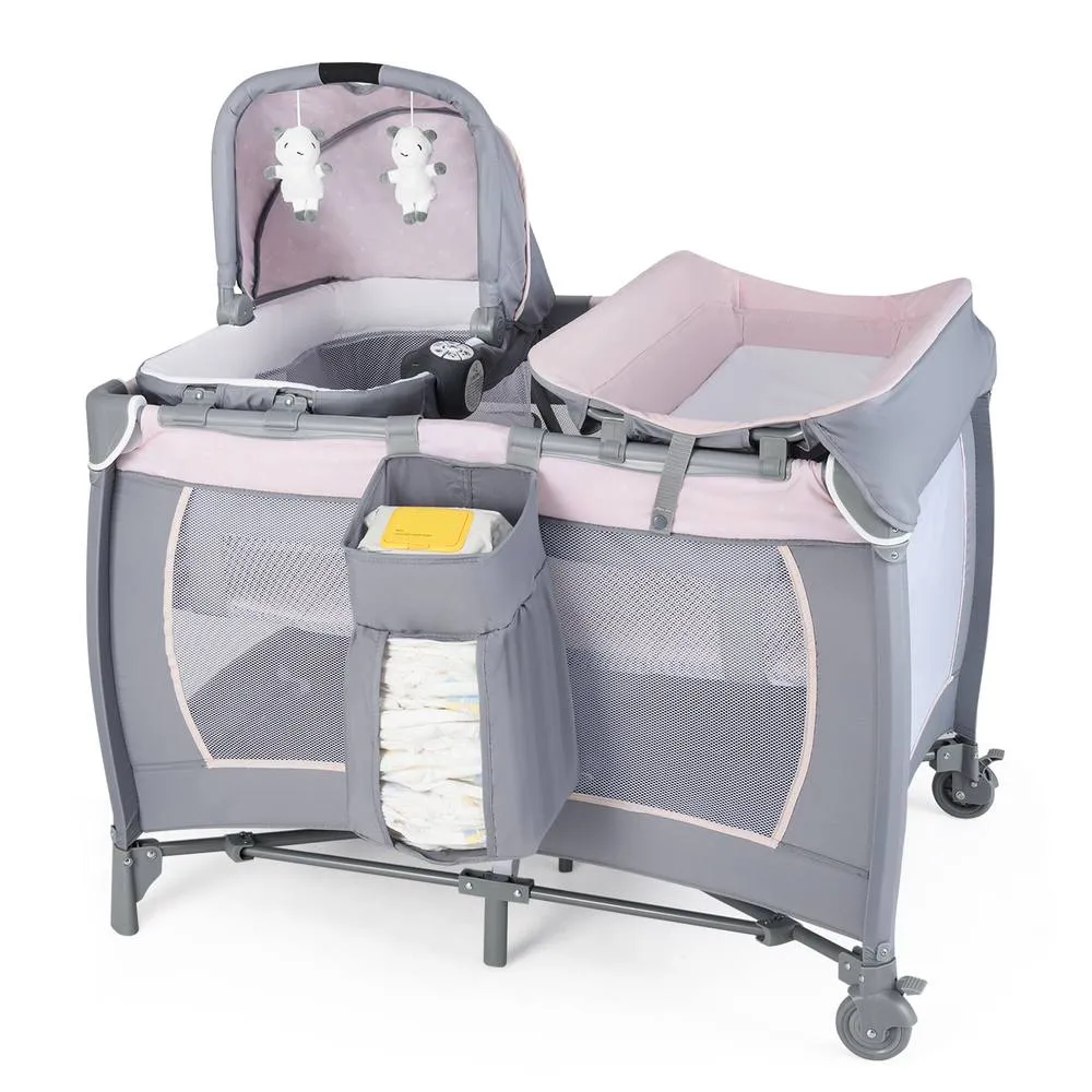 Costway Foldable Pack &Play Portable Baby Playard w/Rocking Bassinet&Music Box in Pink